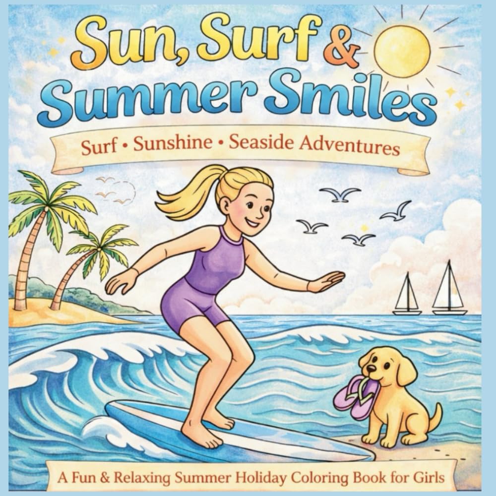 Sun, Surf & Summer Smiles: A Fun & Relaxing Summer Holiday Coloring Book for Girls | Beach Adventures, Surfing Scenes, Ocean Fun and Cute Seaside Moments for Creative Kids