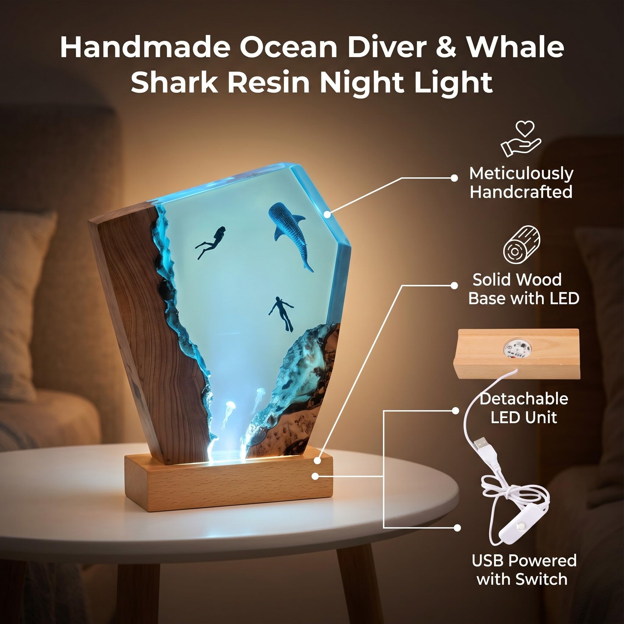 Tnfeeon Lampada a Resina Oceanica, Lampada da Comodino con Squalo Balena e Subacquei, Luce Notturna LED per Camera da Letto, Decorazione Artistica da Scrivania, Base in Legno Massiccio