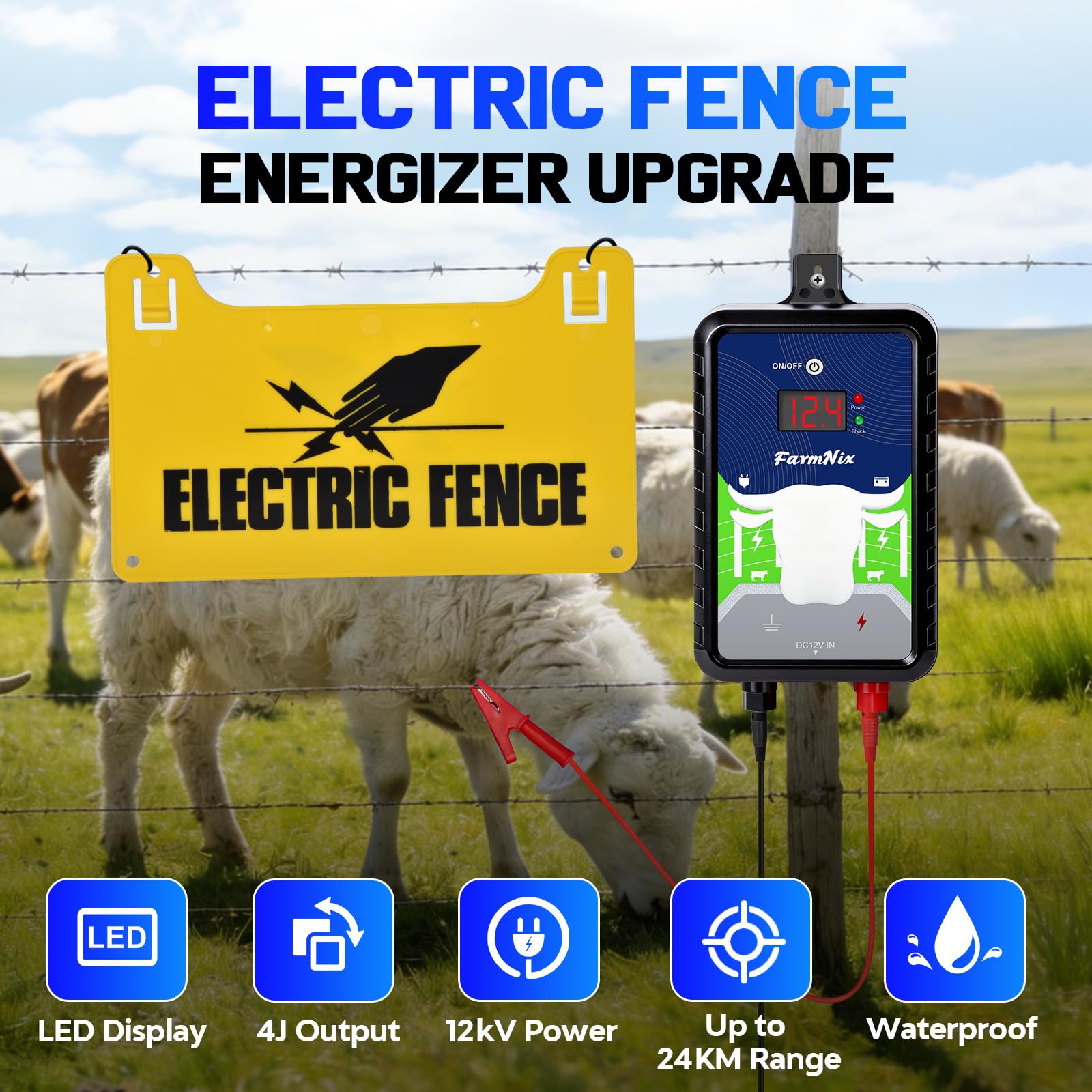 Pastor Eléctrico 12KV 4 Julios, Alcance 24KM para Granja y Pastizal - cerca eléctrica Controlador, Opciones de Corriente/Batería/Solar, para Vacas, Caballos, Ovejas, Cabras, Jabalíes