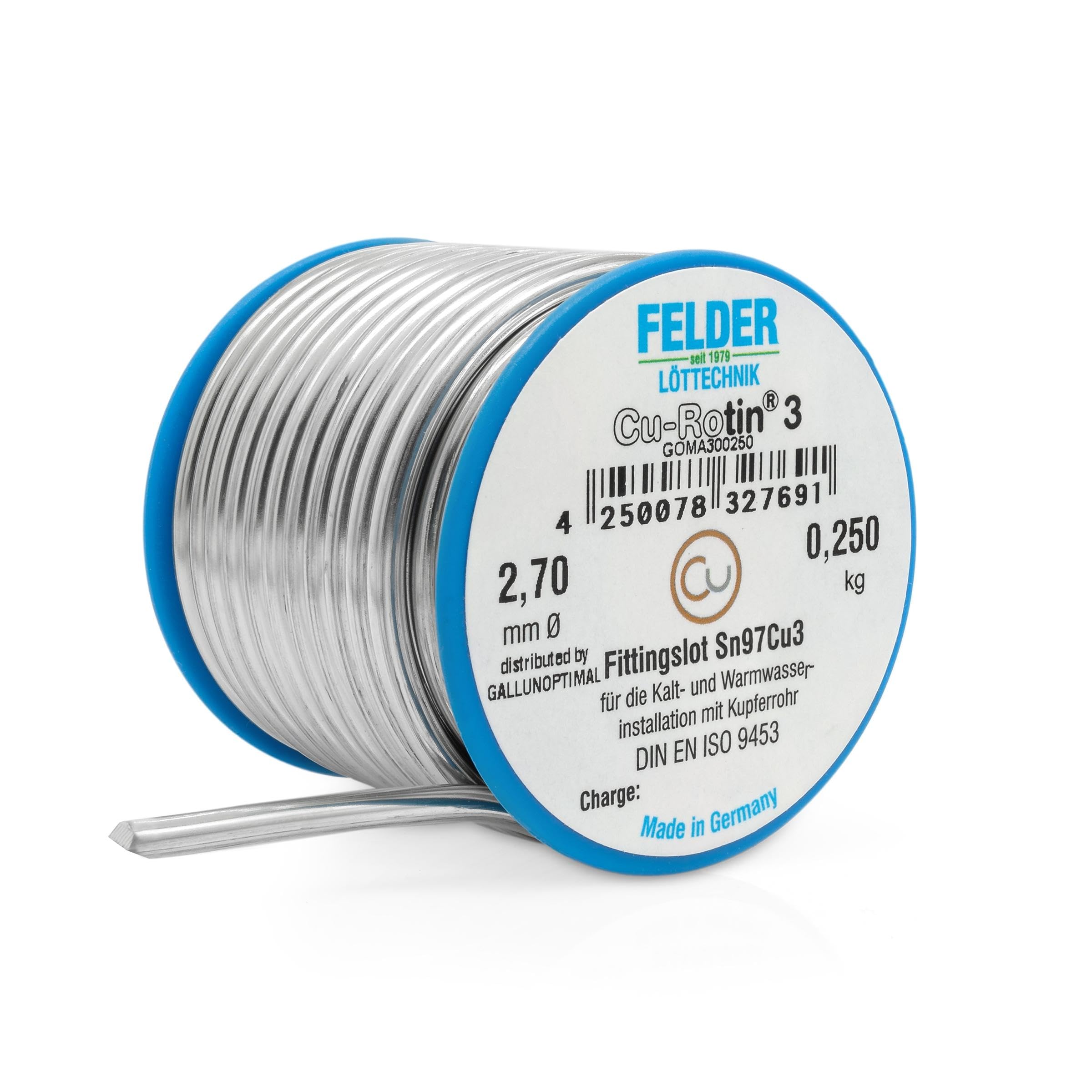 by FELDER Fittingslot Cu-Rotin 3 | Ø 2,7 mm | zum Weichlöten von Kupferrohren in der Trinkwasser- und Heizungsinstallation | Sn97Cu3 | Schmelzbereich 230-250°C | 250 g Spule