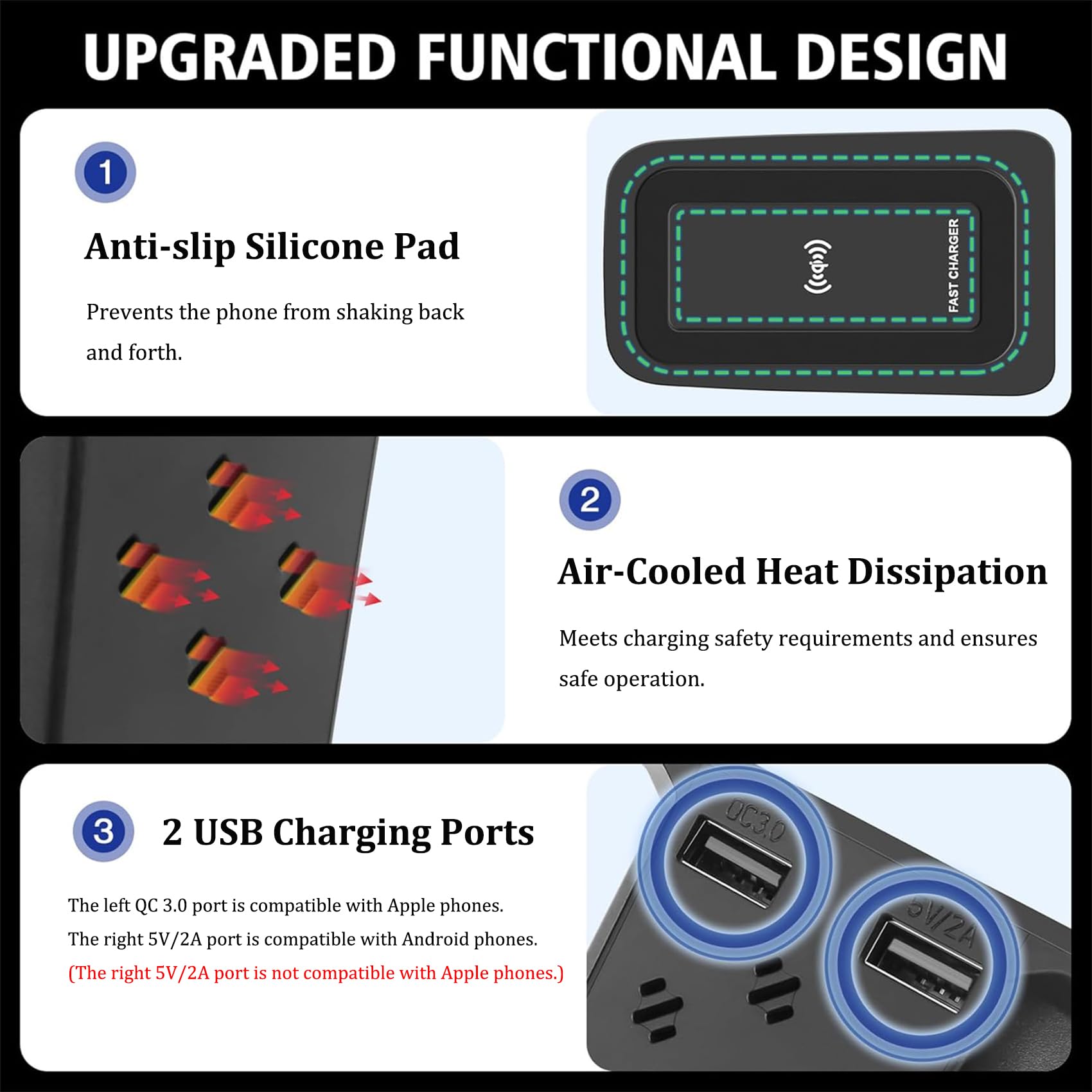 Caricabatteria da auto wireless per XC90/XC60/S90/V90/V60, 15 W, ricarica rapida, caricabatterie wireless per telefoni cellulari con porta USB QC 3.0 (nero)