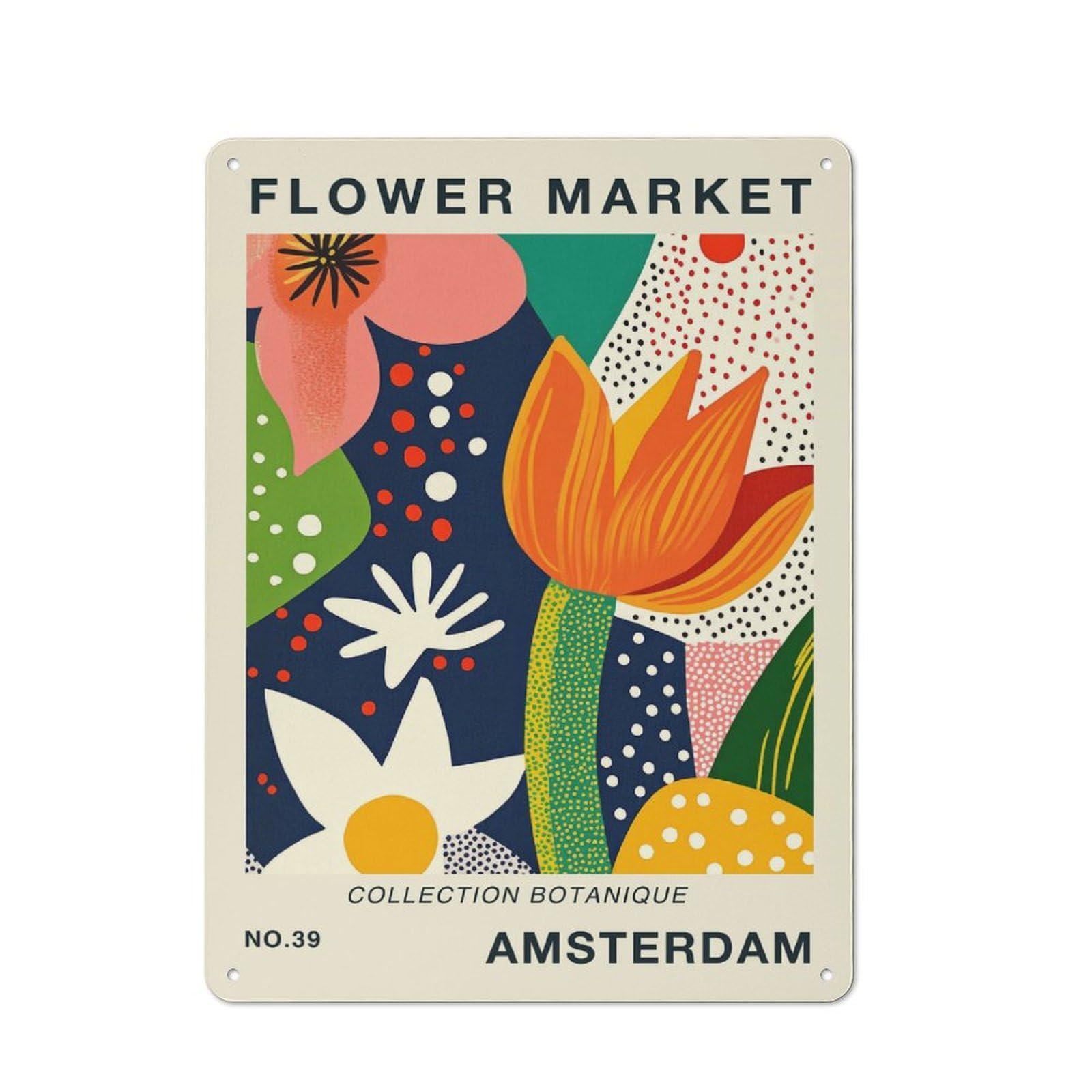 Junmoney Style-10 Flower Market Amsterdam Botanical Travel Art Print Tin Wall Plaque 40X30cm, Barn Style Rustic Kitchen Decor For Farmhouse Kitchen, Pantry Or Dining Area