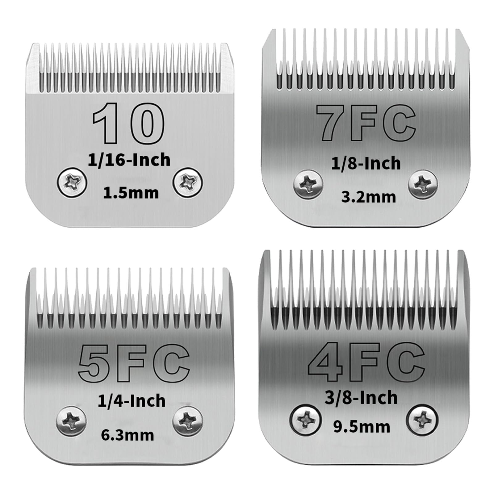 4-Pack Detachable Dog Grooming Clipper Blades with Blade Case Holder β Silver Stainless Steel β Compatible with Andis, Oster A5, Wahl KM10, Moser, Heiniger β 1/16" to 3/8" Cut Length (10+7FC+5FC+4FC)