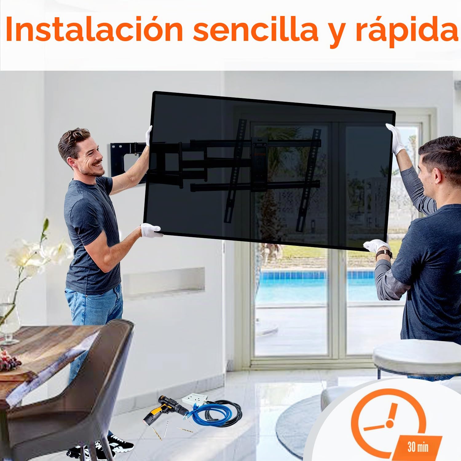 Soporte TV Pared para Pantallas Planos y Curvos de 50-90 Pulgadas, Soporte TV Inclinable y Giratorio con 765mm Brazos Dobles, Resistentes hasta 75kg, VESA Máx 600x400mm