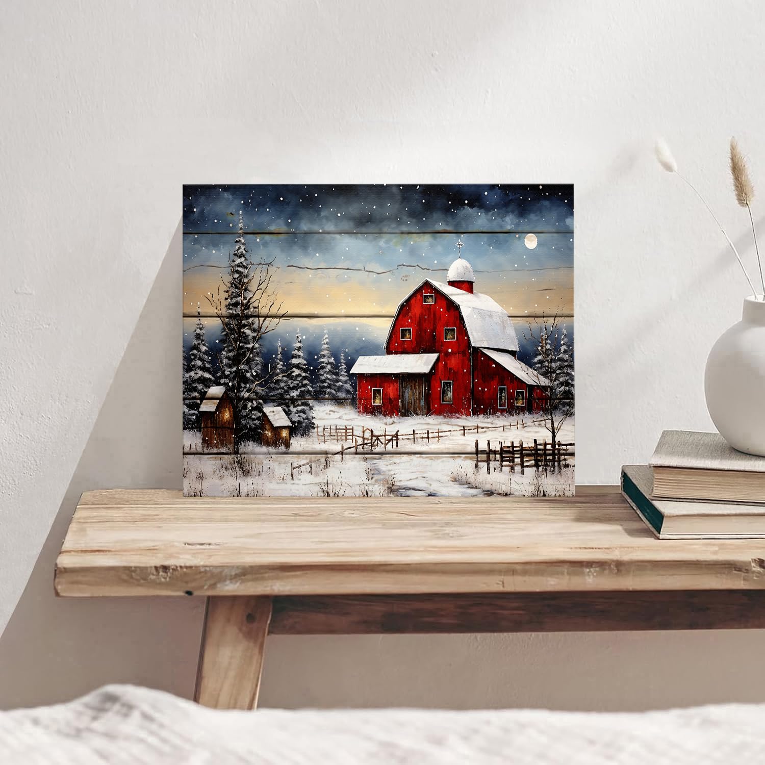 Tableau Déco Sur Toile - Forêt Enneigée Hivernale Avec Cabane Rouge - Ambiance Cozy - Neuf