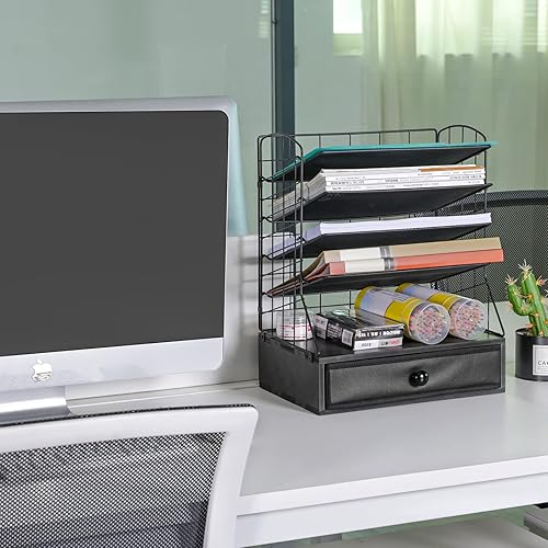 Miniatura 3 de Organizador de archivos de 5 bandejas con cajón organizadores de escritorio de malla organizador de papel de bandeja de cartas soporte de archivos