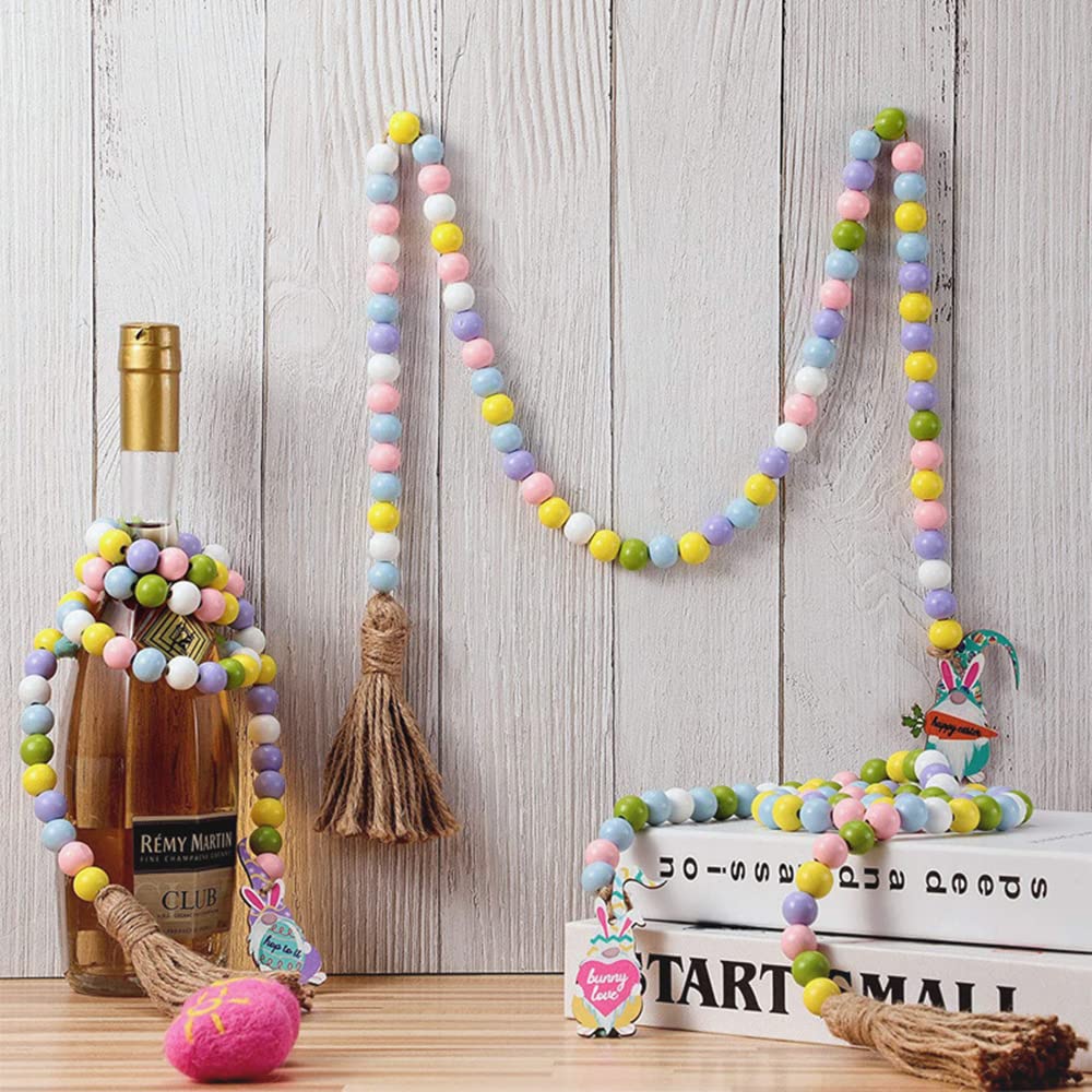 3 Stück 1.2m Bunte Holzperlen Girlande mit Quasten Hase Osterdeko Wandbehang Perlengirlanden Haus Dekoration Wall Decoration Raumdekoration Wanddekoration,16mm Gelb+Blau+Lila