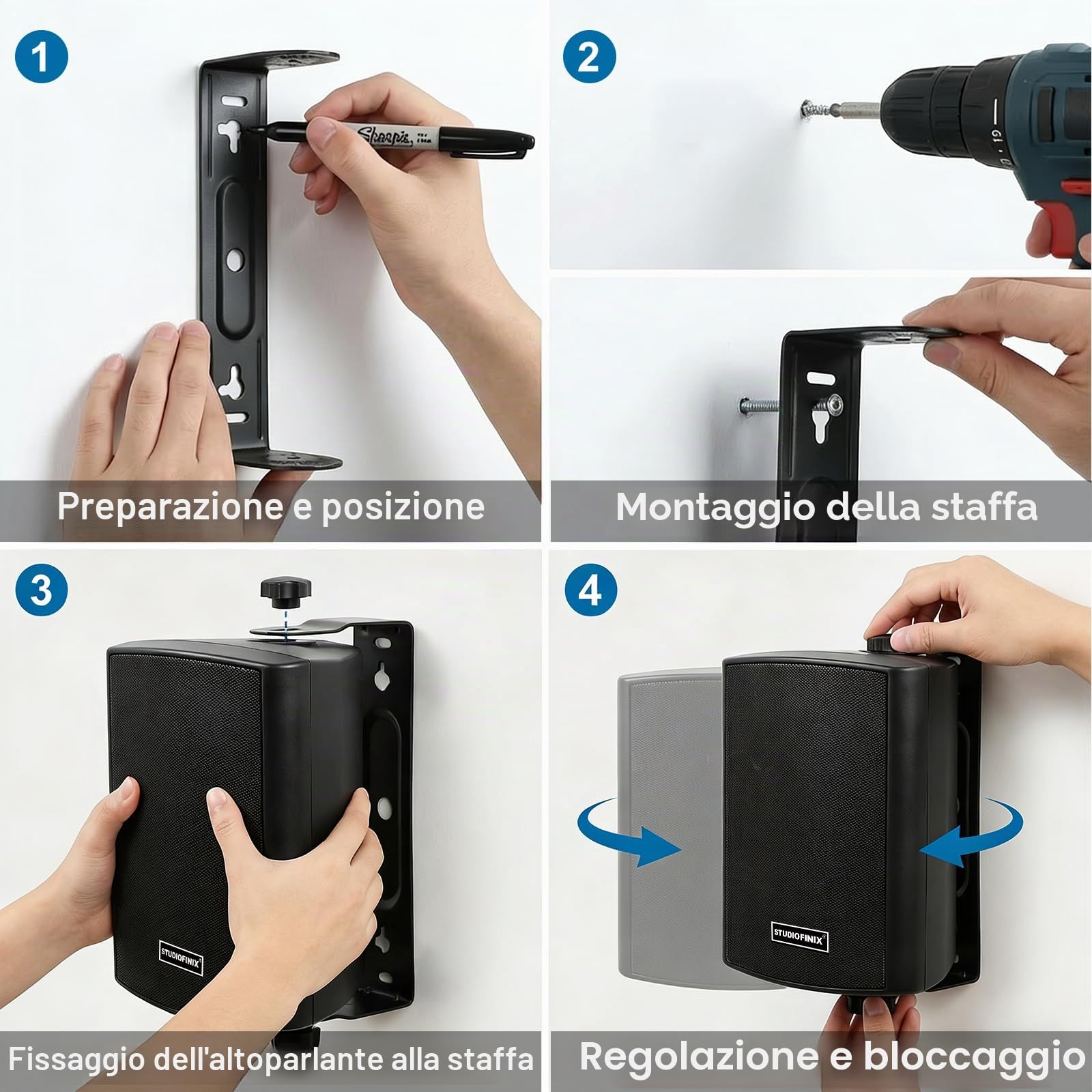STUDIOFINIX Altoparlanti a parete 4" 200W Bluetooth 5.1 Impermeabili, Wireless con sincronizzazione e telecomando IR, interno/esterno, garage e giardino (401BLE, Nero, Coppia)