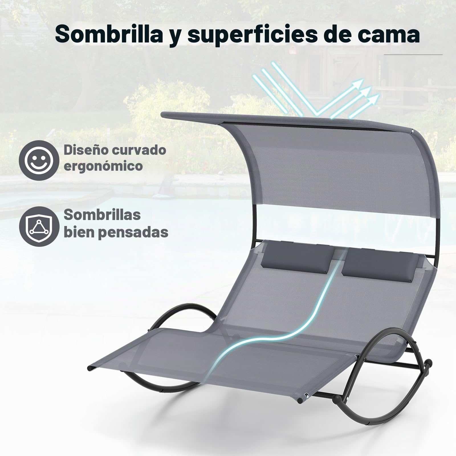 KOMFOTTEU Tumbona Doble de Jardín para 2 Personas, Tumbona Mecedora con Toldo y 2 Reposacabezas, Hamaca Basculante de Textilene, Chaise Lounge para Terraza, Piscina, Baño de Sol (Gris)