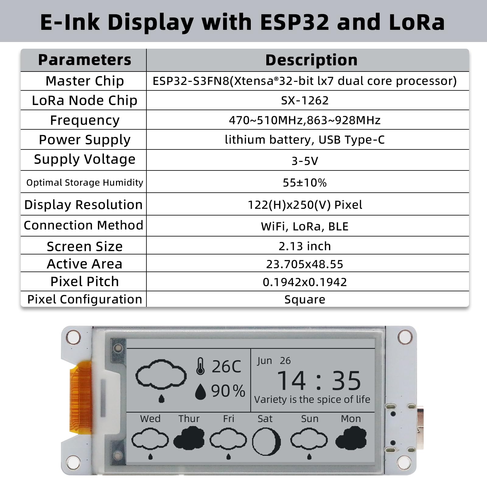Módulo de Pantalla Lora de 2,13 Pulgadas, módulo de Pantalla E-Ink, ESP-S3 USB C con SX-1262 Lora Support WiFi BLE Meshtastick para Arduino (con Carcasa de acrílico + Antena)
