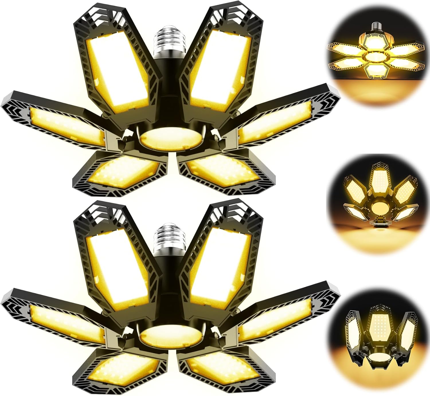 3000K Bright LED Garage Lights 2 Pack 150W Deformable Lighting 6+1 Panels 15000LM Warm Light Illuminator 360 LED Shop Light Bulb for Basement Workshop Warehouse Barn