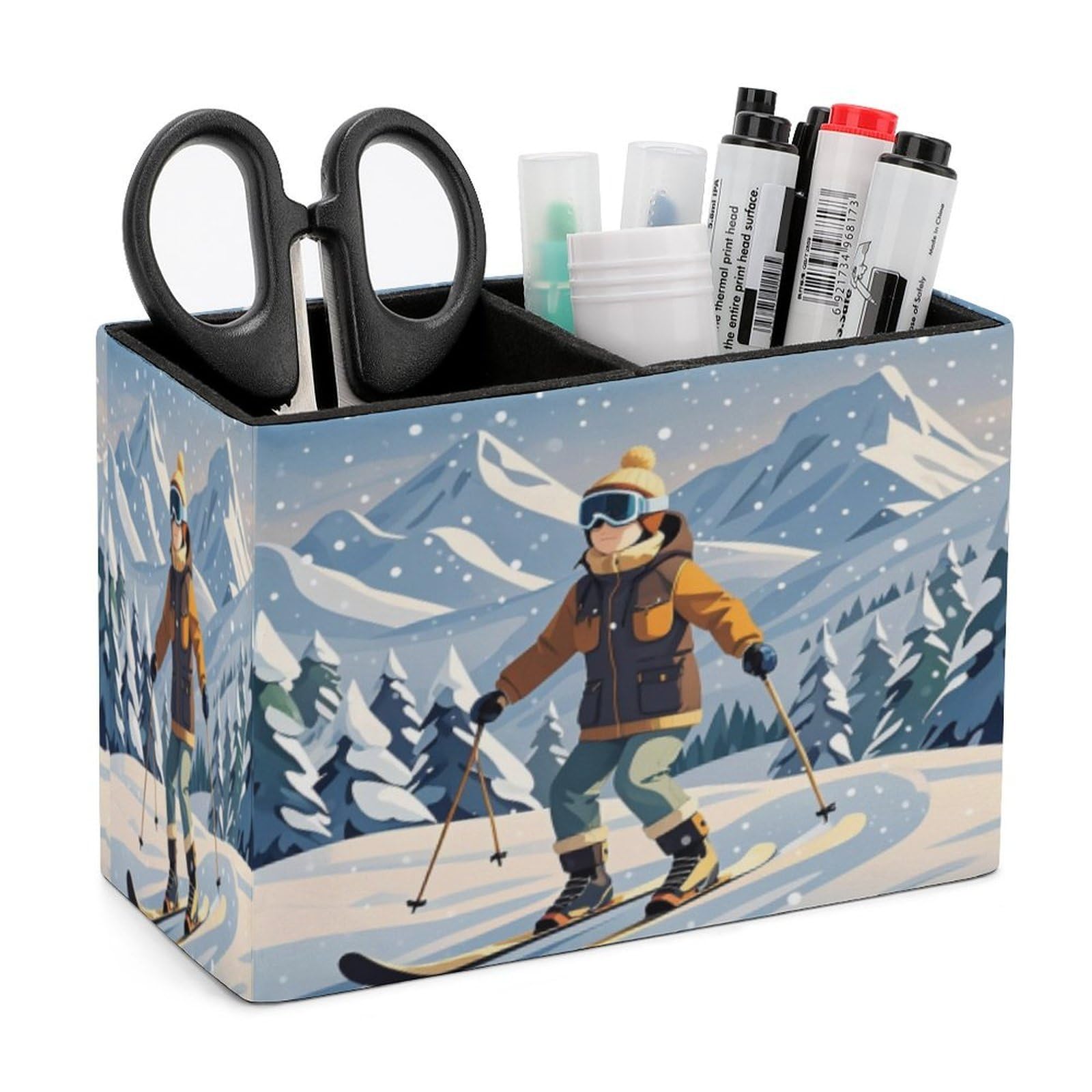 LZQPOEAS Skiing Theme Leather Pen Holder Square Pencil Holder Multi-Functional Desk Organizer Modern Pen Cup Pencil Cup Minimalist Desktop Stationery Organizer for Desk Office Home