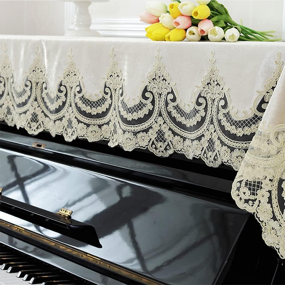 Upright Piano Cover Set Fashion Dustproofing Cover Electronic Piano Cover 200 90cm Upright Piano Keyboard Cover, European Style Luxury Elegant Lace Princess C(Beige