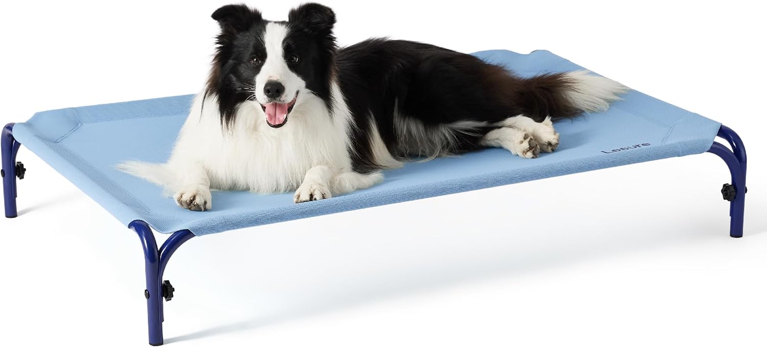 Lesure Elevated Raised Outdoor Dog Bed - Cooling Dog Cot Bed for Large Dog Easy to Assemble, Lifted Pet Bed with Durable Breathable Teslin Mesh, Dog Hammock Bed with Non-Slip Feet, Blue 41" 41.4"L x 26.0"W x 8.0"Th Blue