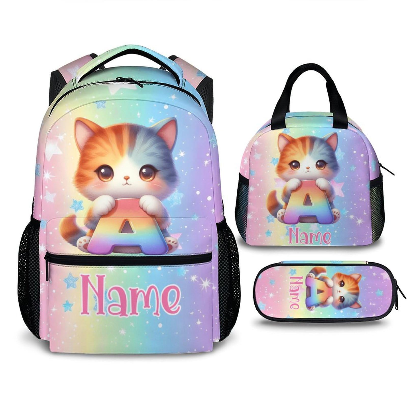 Custom Kids Backpacks, Set of 3 Cat Backpack Bundle for Girls, Personalized Initial Letter Bookbag with Lunchbag Matching Combo for Kindergarten