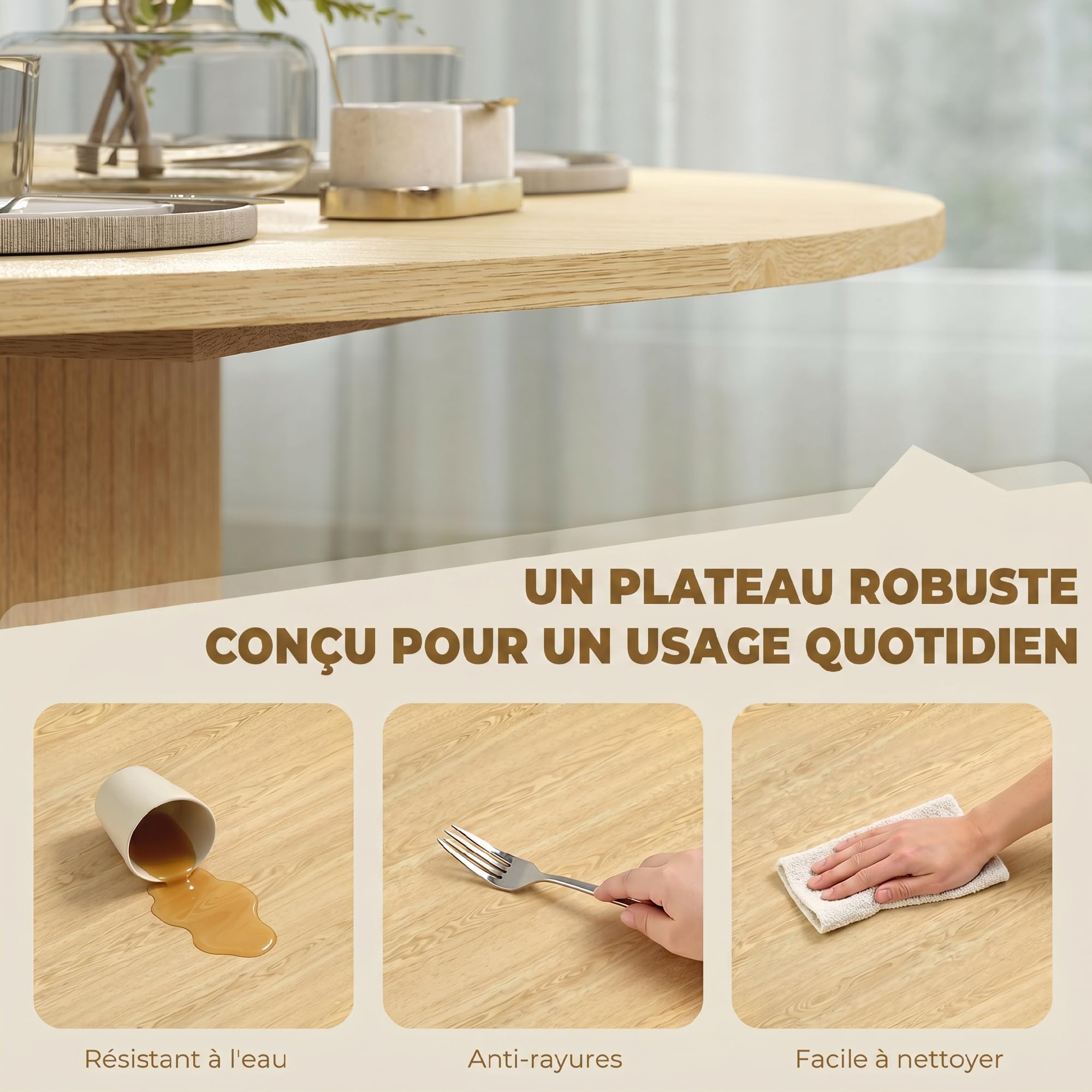 HOMCOM Table à Manger Ronde pour 4-6 Personnes Ø 120 x 75 cm Bois Naturel | Table de Cuisine Moderne, Large Plateau, Base Cylindrique Cannelée, pour Salon, Salle à Manger