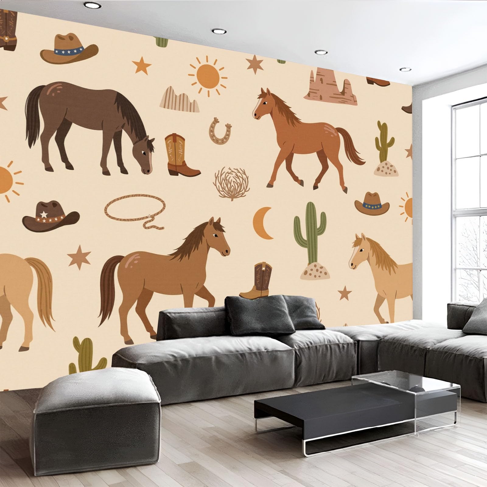 Papier peint panoramique cheval cow-boy pour salon beige 350x256