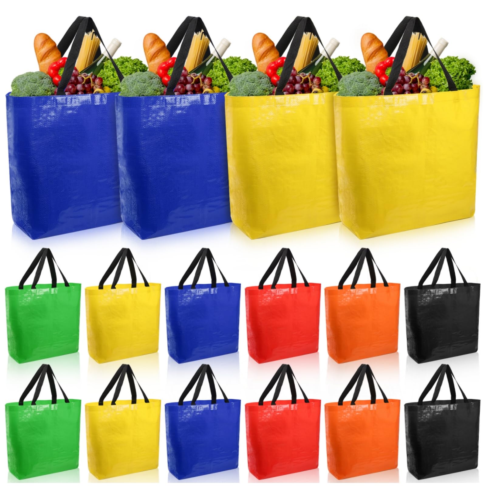 12 bolsas de comestibles, bolsa de compras reutilizable resistente con asas, bolsa impermeable de tamaño mediano para frutas, verduras, ropa, botellas, bebidas, organización, Amarillo, azul,