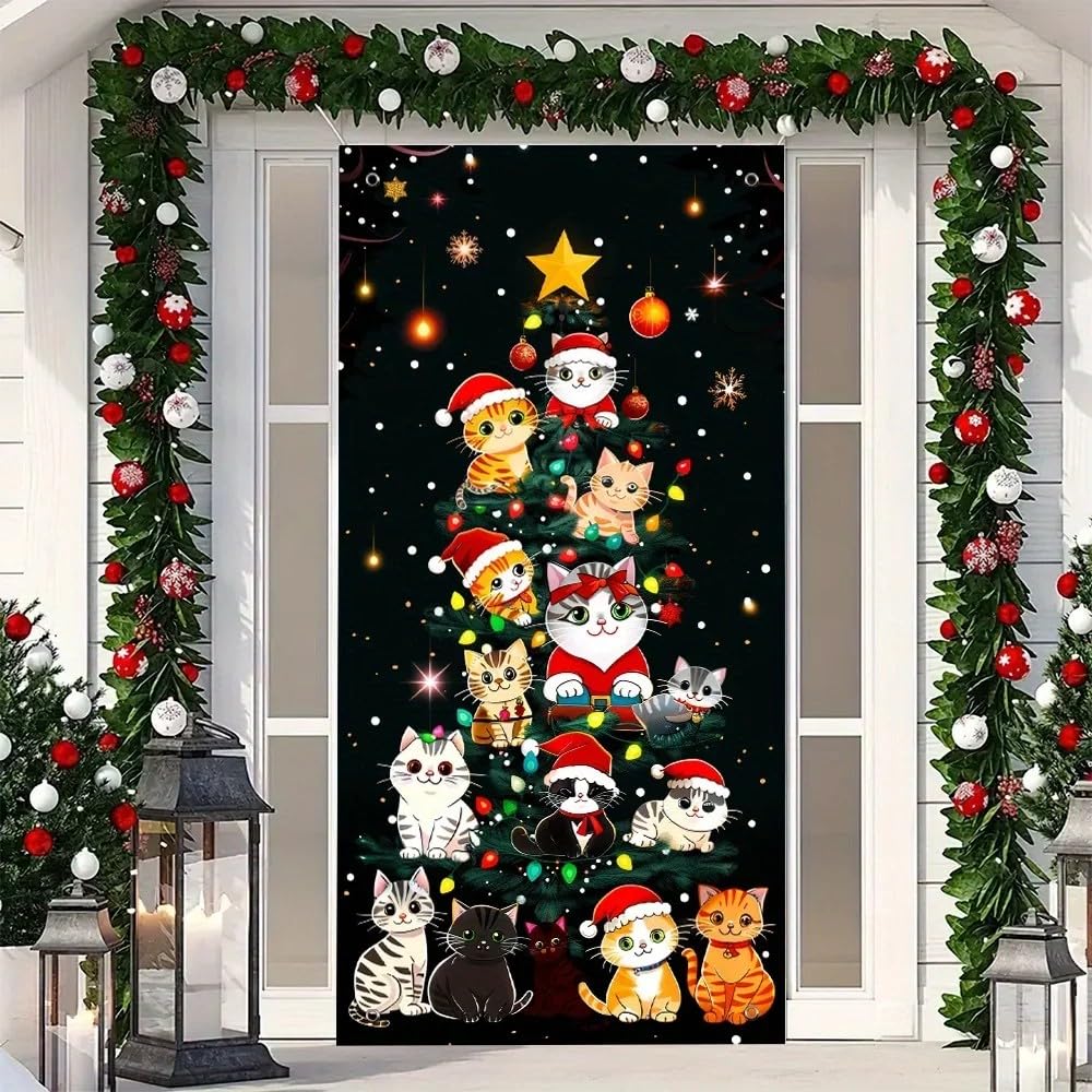 Świąteczny baner na drzwi z winylu, dekoracja drzwi z motywem kota, uniwersalna dekoracja bożonarodzeniowa do wewnątrz i na zewnątrz, 440 x 300 cm