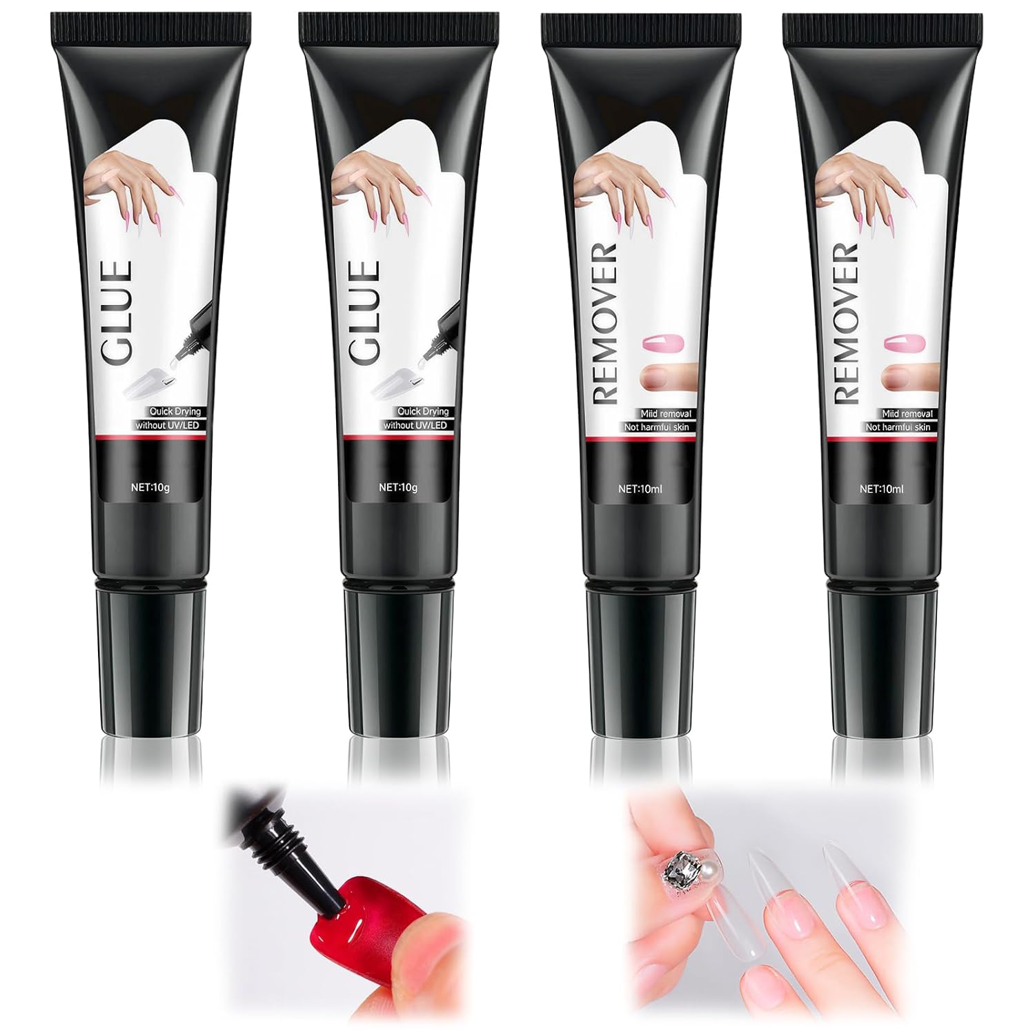 2 PCS 10g Semi Solid Nail Glue Gel & 2 PCS 10g Nail Glue Remover for Press on Nails, Quick Drying, No Need for UV Lamp, Long Lasting to Fake Acrylic Nails.