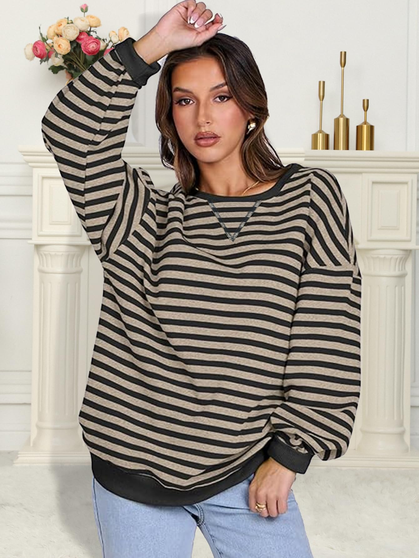 Sudadera a rayas de gran tamaño para mujer, manga larga, cuello redondo, moda de otoño 2026, ropa Y2K — view 6