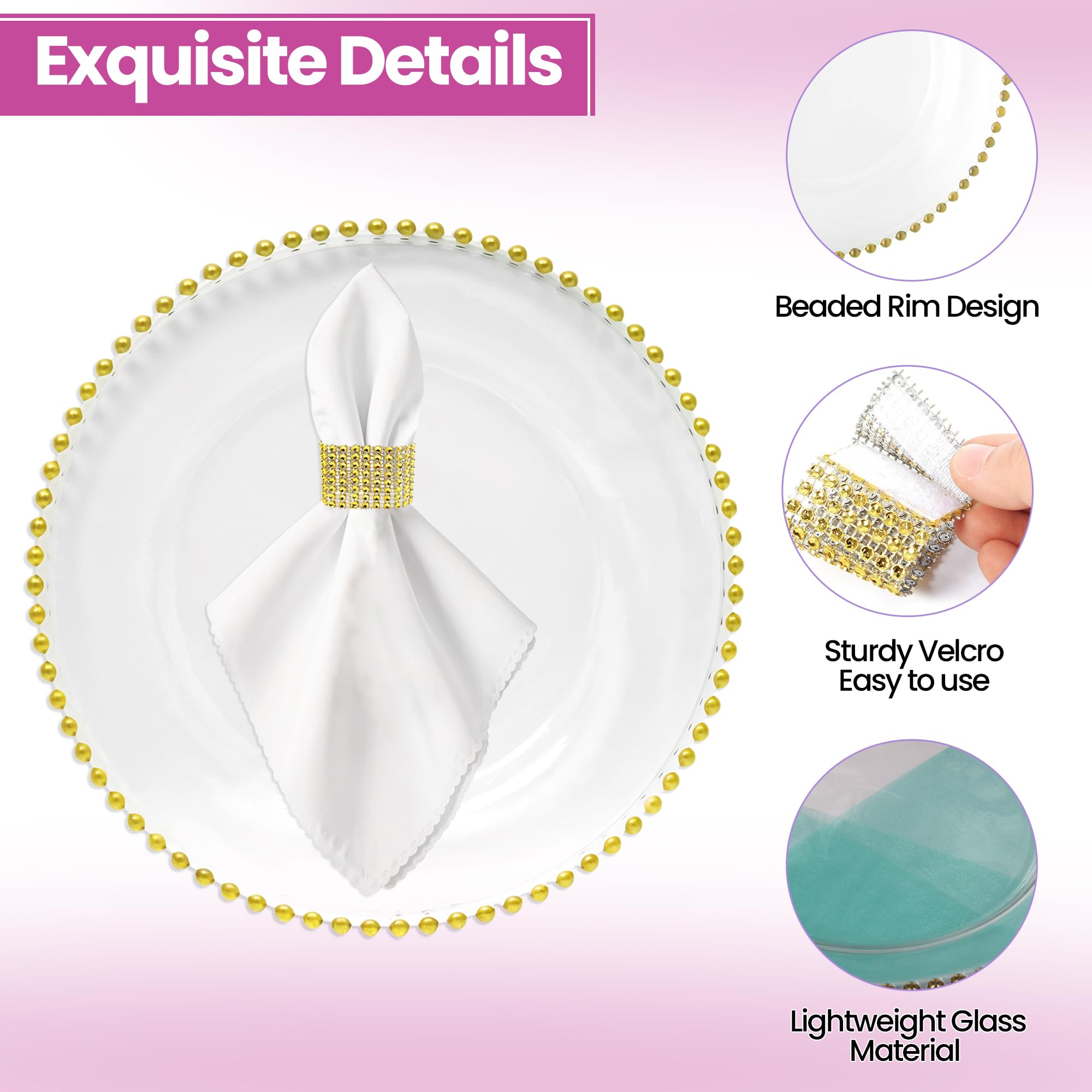 WedDecor Lot de 10 assiettes de chargement et ronds de serviette en verre transparent avec perles dorées et ronds de serviette en strass pour fête, dîner, décoration de table, événements, doré