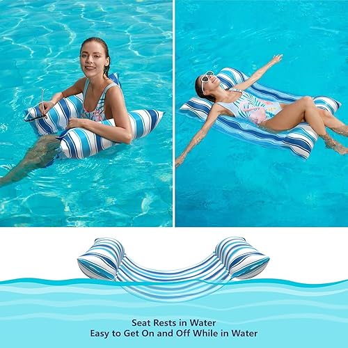 Miniatura 4 de Jasonwell Hamaca de agua para piscina, flotadores inflables de tela 4 en 1 (silla de montar, tumbonas flotantes), tumbonas flotantes para piscina,