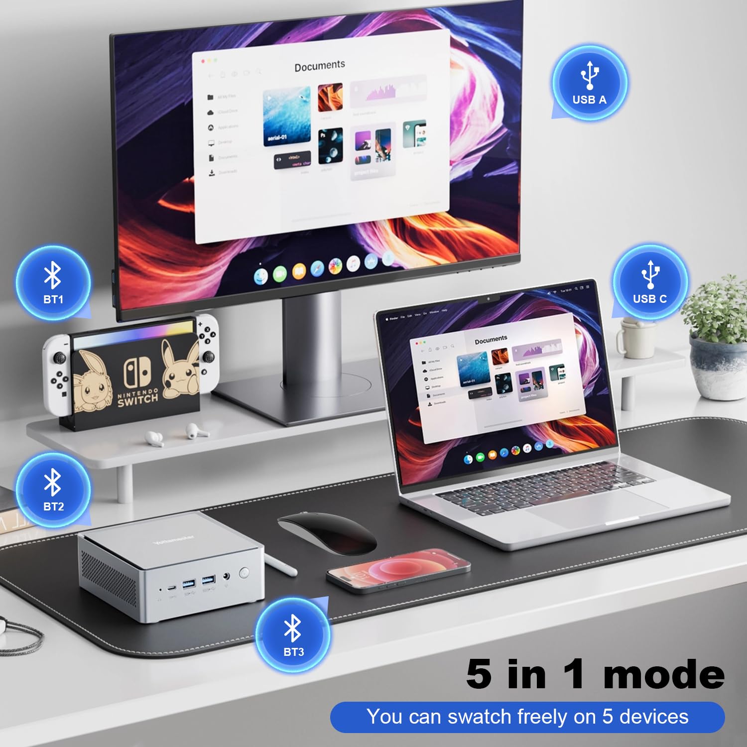 DC Wireless Mouse, 5 in 1 Bluetooth USB C Rechargeable Mouse for Laptops Disktops Tablets Compatible with Apple MacBook Pro/Air iPad iMac Sureface Chromebook Computer (Black Silver)