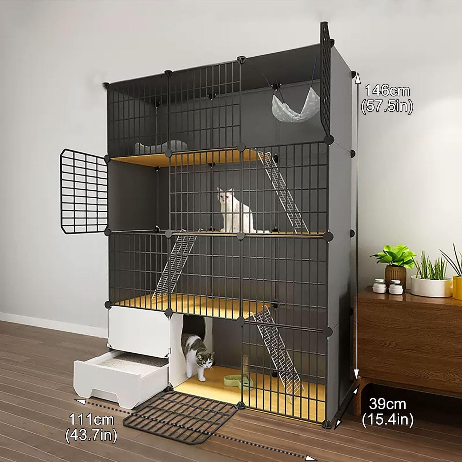 Indoor Cat Cage Enclosure with Pull-Out Litter Box, Durable PVC & Metal Frame, Easy Clean Design, DIY Customizable Cat Habitat (Size: 111x39x146cm)