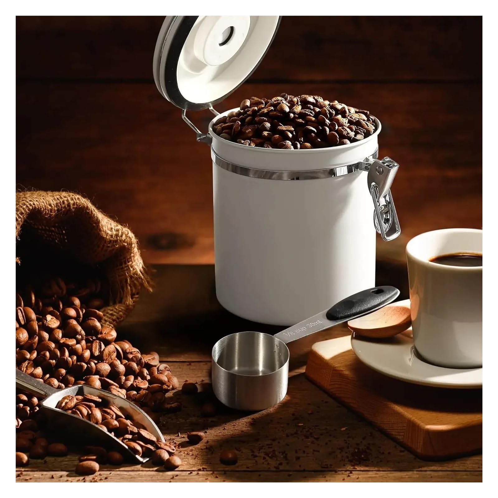 Boîte à café hermétique en acier inoxydable avec cuillère pour grains de café - Noir (blanc, L)
