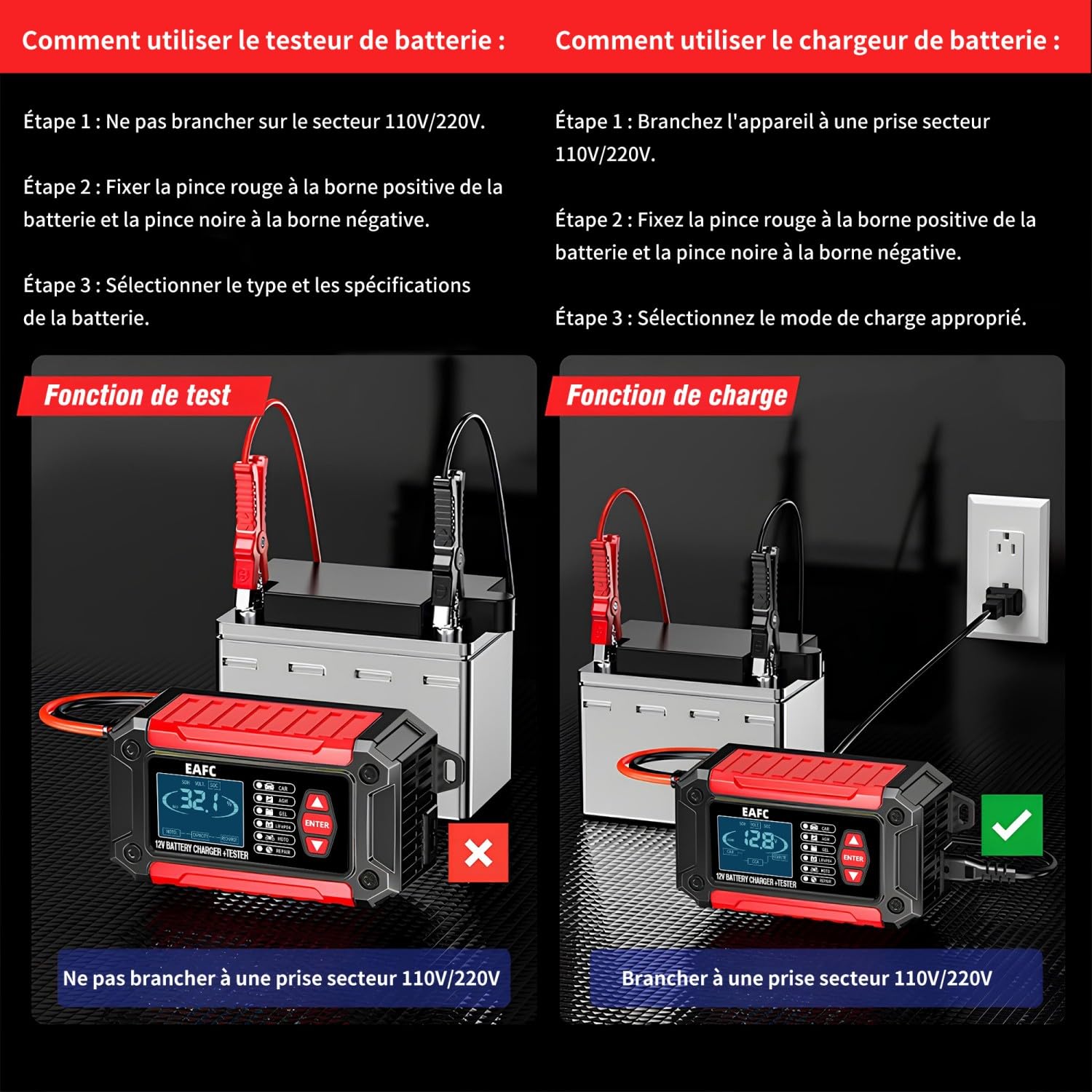 12V Chargeur Batterie Voitures 6A, Testeur de Batterie 100-2000 CCA 4-120Ah, Maintien de Chargeur de Piles Analyseur Compatible 12V Batterie au Plomb, AGM, Gel, pour Voiture, SUV, Moto, Bateau