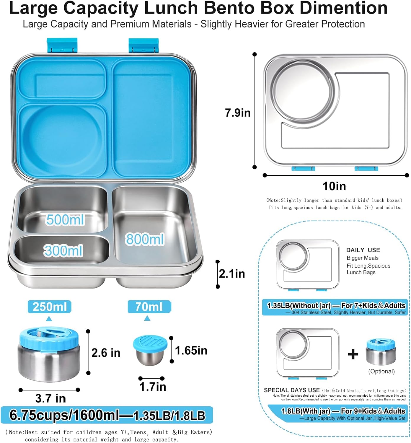 Stainless Steel Bento Lunch Box 7+Kids & Adult with Insulated Food Jar,Leakproof 3-Compartment,BPA-Free, Eco-Friendly,Dishwasher Safe,Compatible, Large-Capacity Box for School,Office &Travel -(Blue) - Image 6