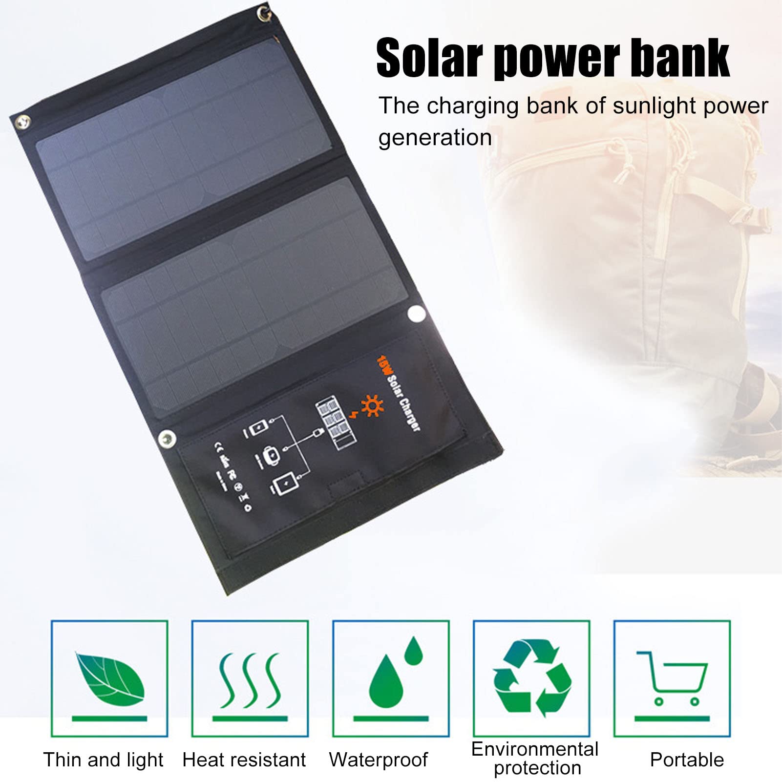 Caricatore monocristallino da 15w Caricatore solare Efficiente efficiente USB Outdoor Power Bank Black