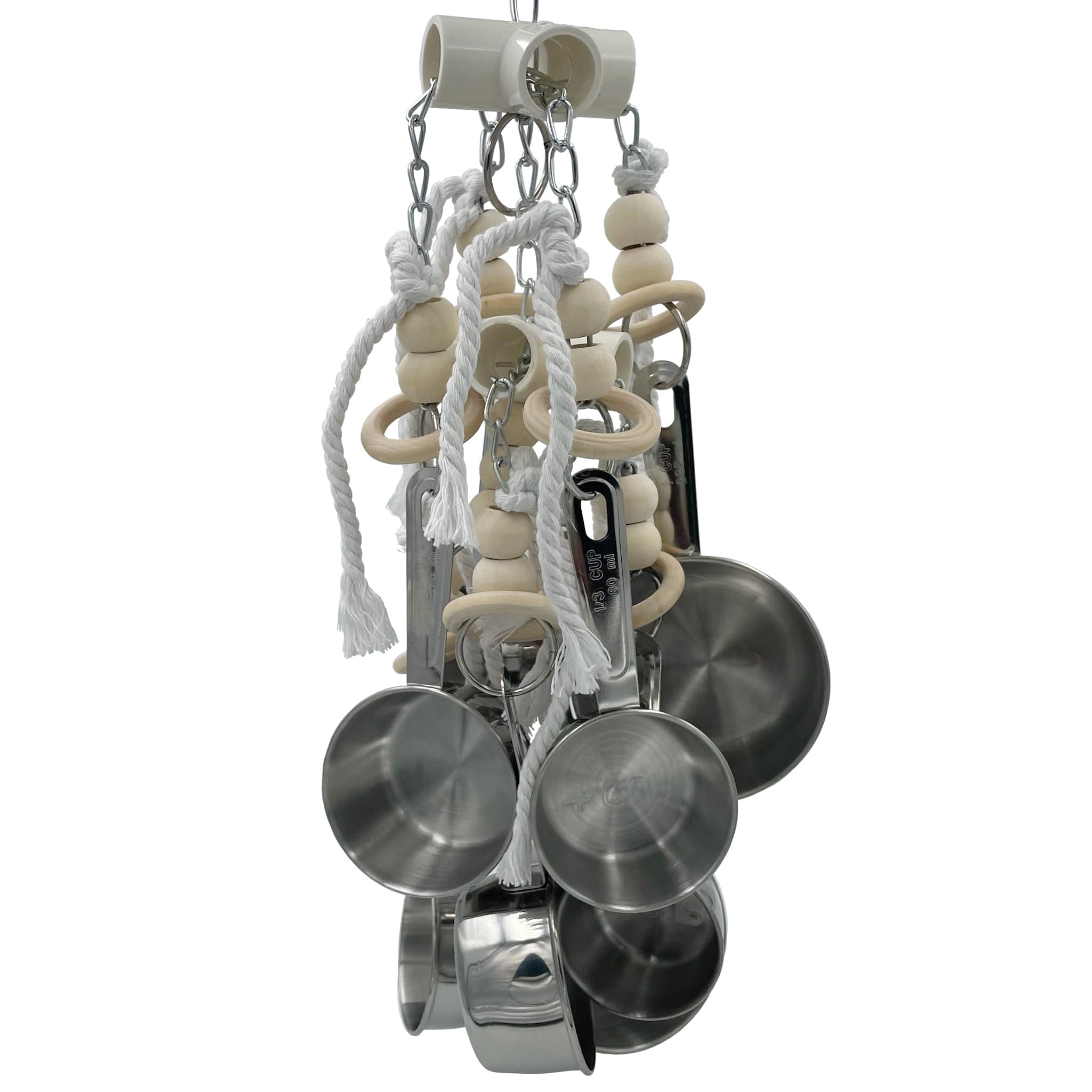 Durable Stainless Steel Pots & Wooden Beads Parrot Toys - Pullable 8 Metallic Cups & 8 Natural Dye-Free Rings for Large & Extra Large Parrots Macaws Amazons African Greys Cockatoos Eclectus - image 2