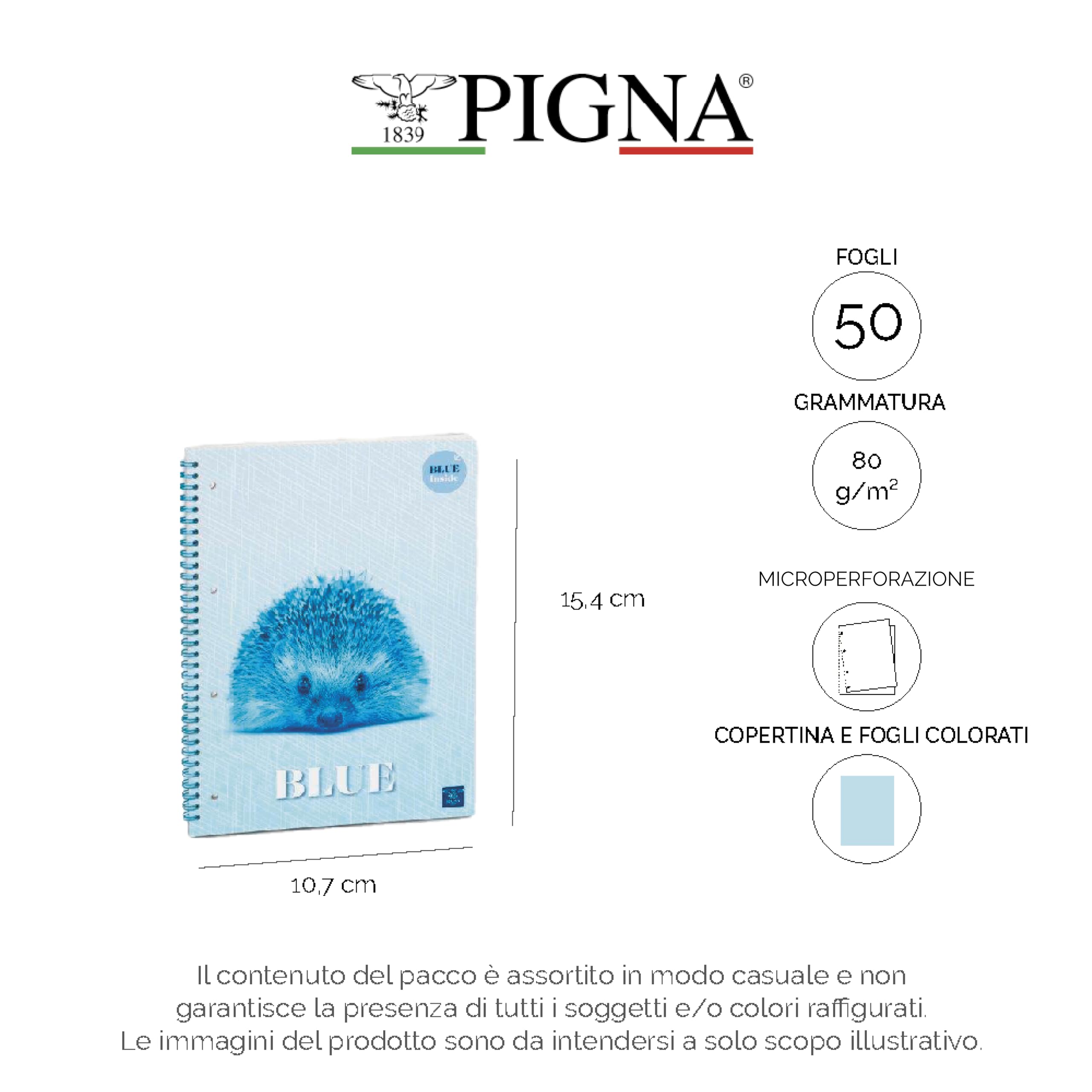 Pigna, Confezione 4 Quaderno Blocco Spiralato,carta colorata, COLOUR INSIDE, A6, 50 Fogli, interno 5M, quadretto 5mm