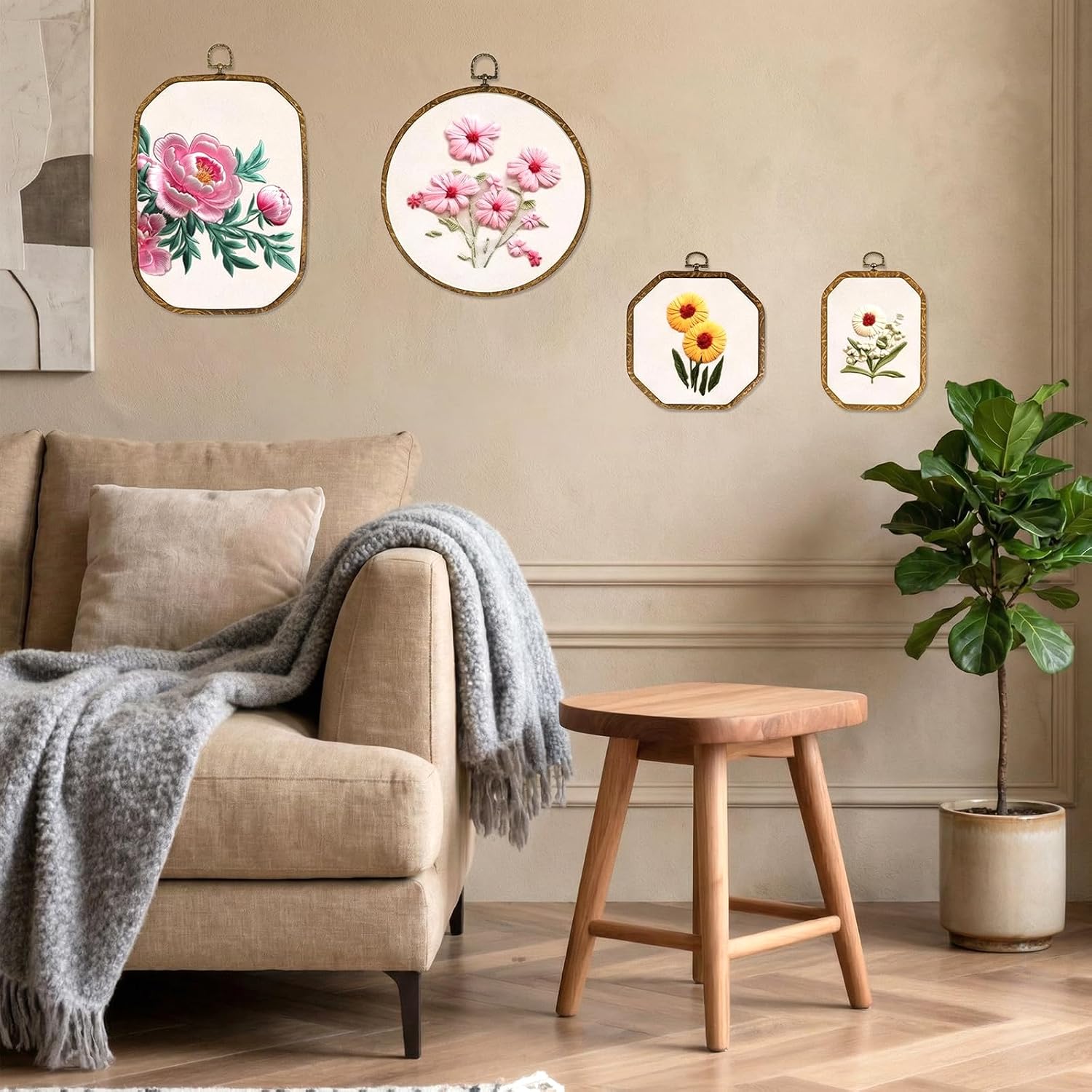 HANLANXUE 9 Pcs Large Embroidery Hoop Frame Set, 4 Shape Round, Oval, Rectangle and Octagonal Decorative Imitated Wood Display Frame for DIY Sewing Craft Hanging Ornaments