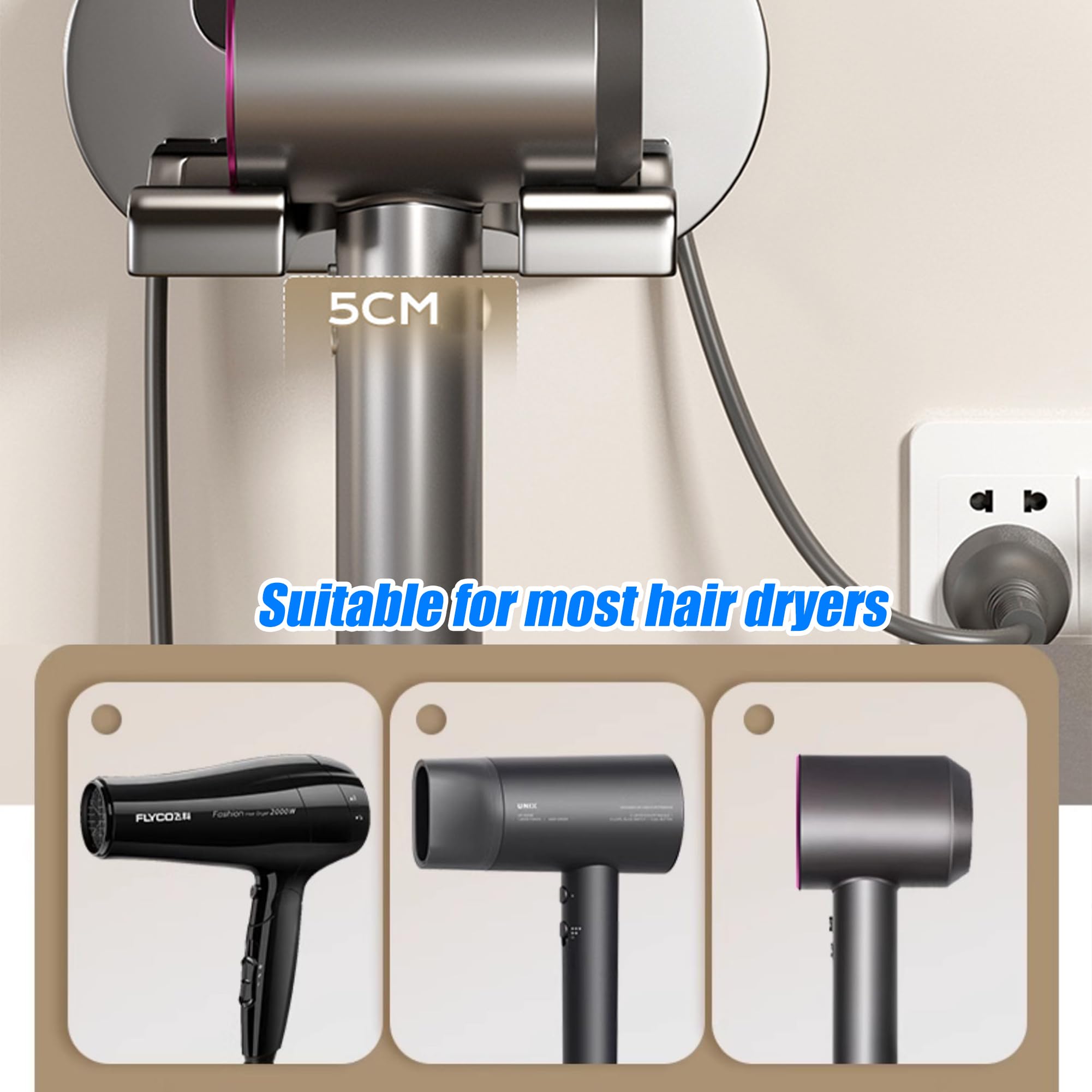 Soporte Secador de Pelo de Aluminio Veki, Porta Secador Sin Taladrar, Montaje en Pared, Colgador para Baño (Gris)