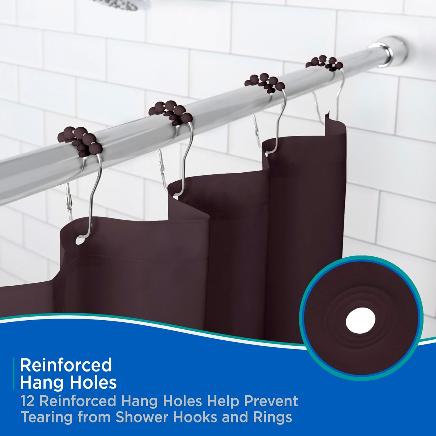 Kenney KN61759 Lightweight 3 Gauge Waterproof PEVA Shower Curtain Liner with Durable Eyelet Hang Holes, Weighted Magnetic Hem, and 12 Piece Beaded Roller Ring Set for Bathroom, 70" W x 72" H, Brown