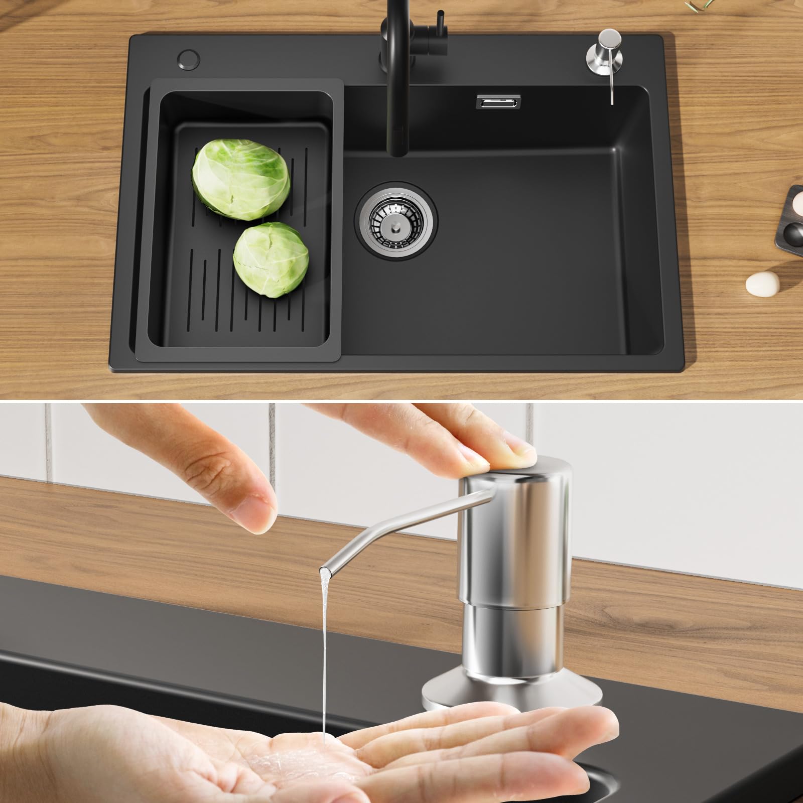 CECIPA Évier Granit Noir 70x45Cm Grand Bac, Robinet Avec Douche Extractible, Encastrable Pour Meuble 80Cm, Ensemble Vidange Inclus