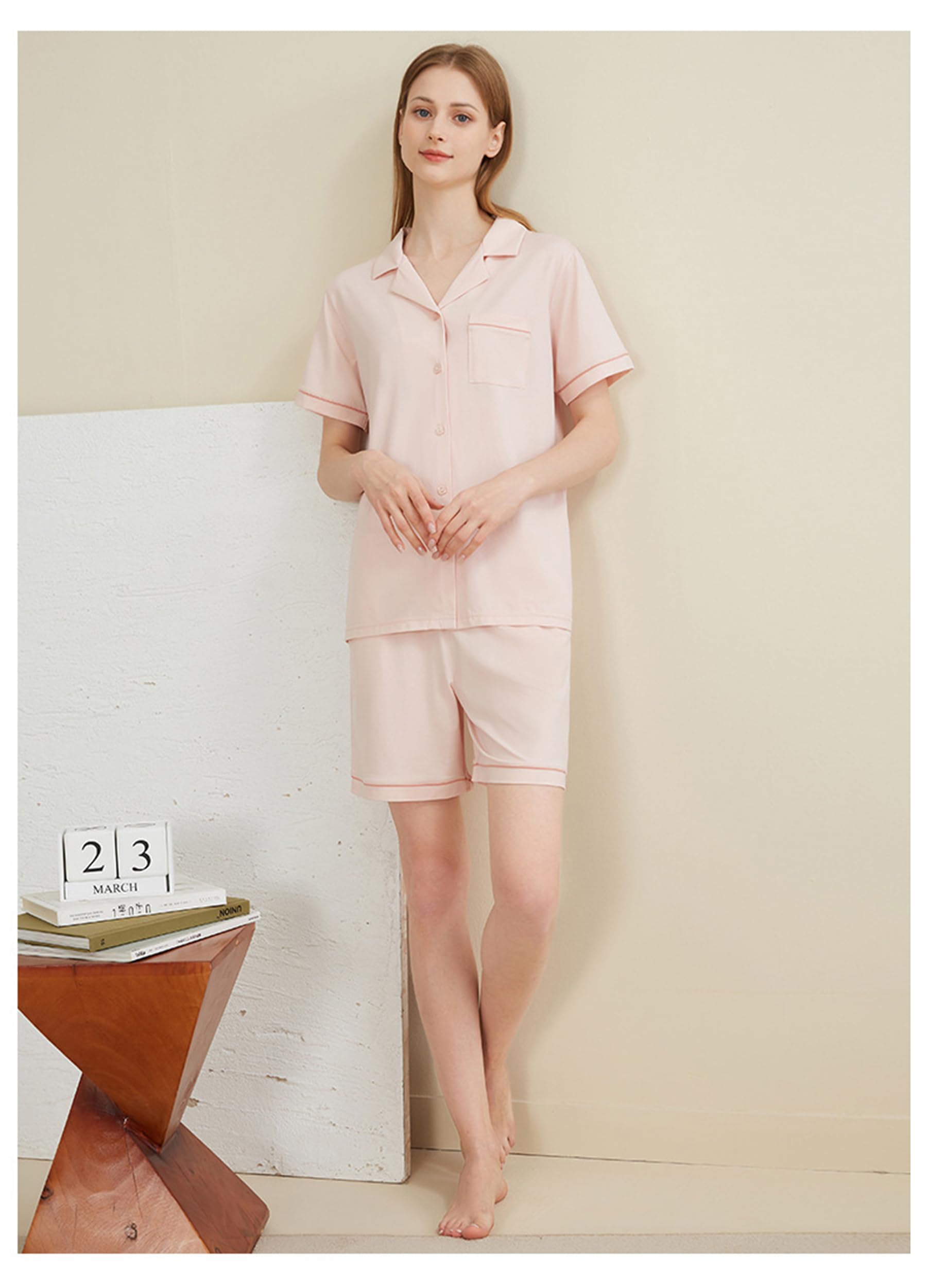 Generic Damska 2-częściowa piżama letnia cienka modalna bawełniana piżama sweter z krótkim rękawem zestaw piżam,Light pink,L