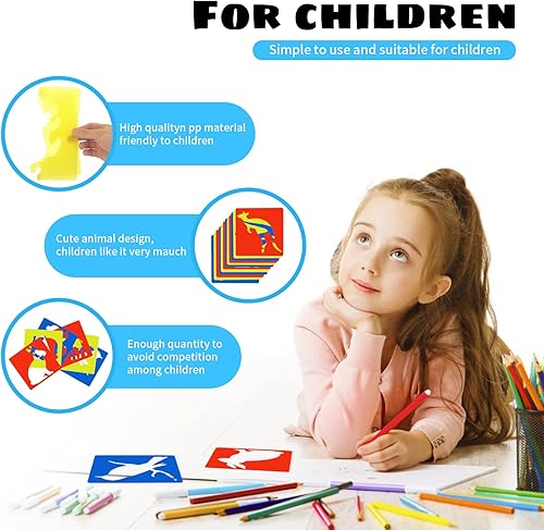 Miniatura 3 de Prasacco Juego de 12 plantillas de animales para niños, 8 x 8 pulgadas, edades de 4 a 8 años, dinosaurio, jirafa, canguro, kit de plantillas con