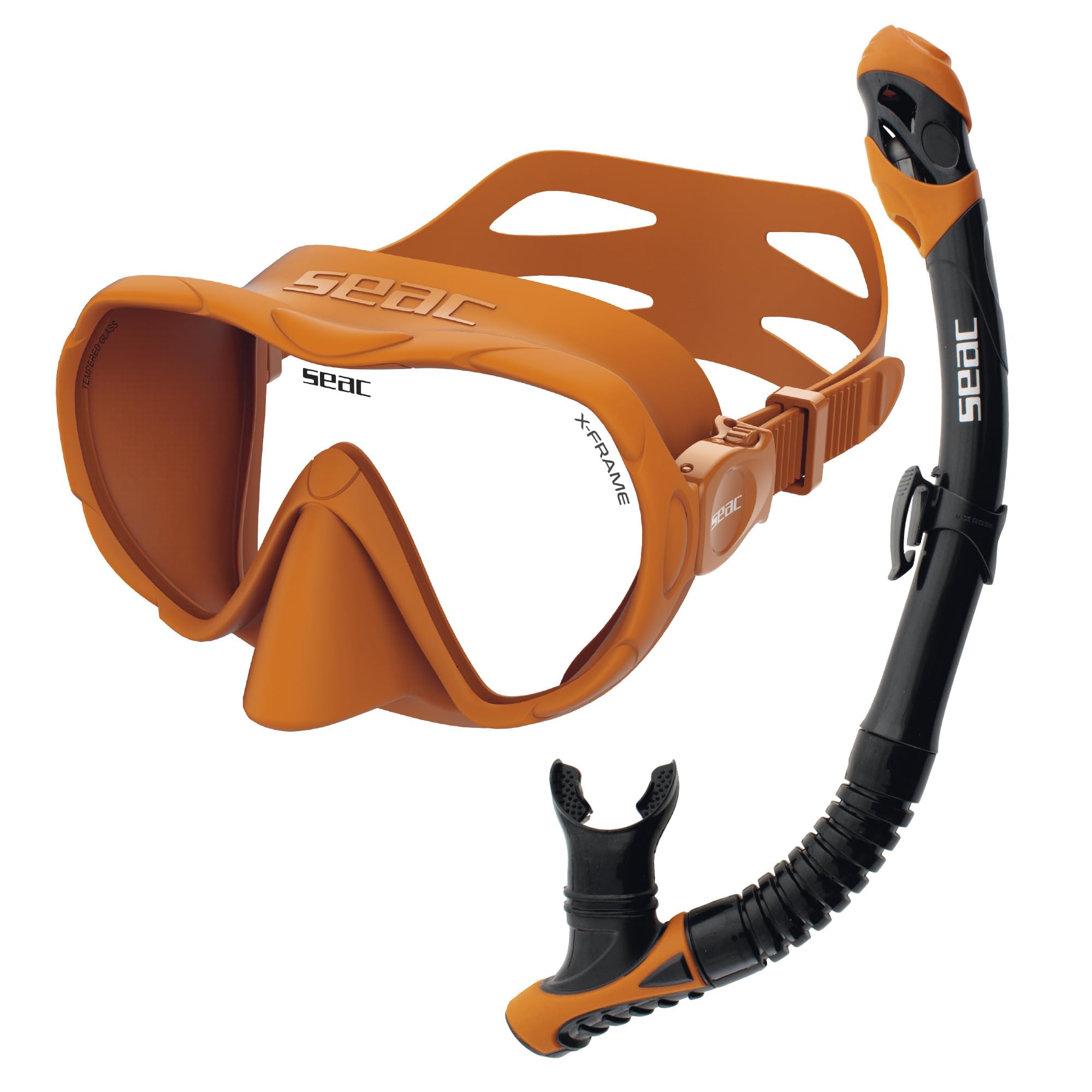 SEAC Set BIS X-Frame Dry – Kit Snorkeling Adulte avec Masque Mono-hublot en Verre trempé sans cerclage et Tuba Dry Top, Silicone, soupape de Purge et Embout Ergonomique pour plongée et Snorkeling