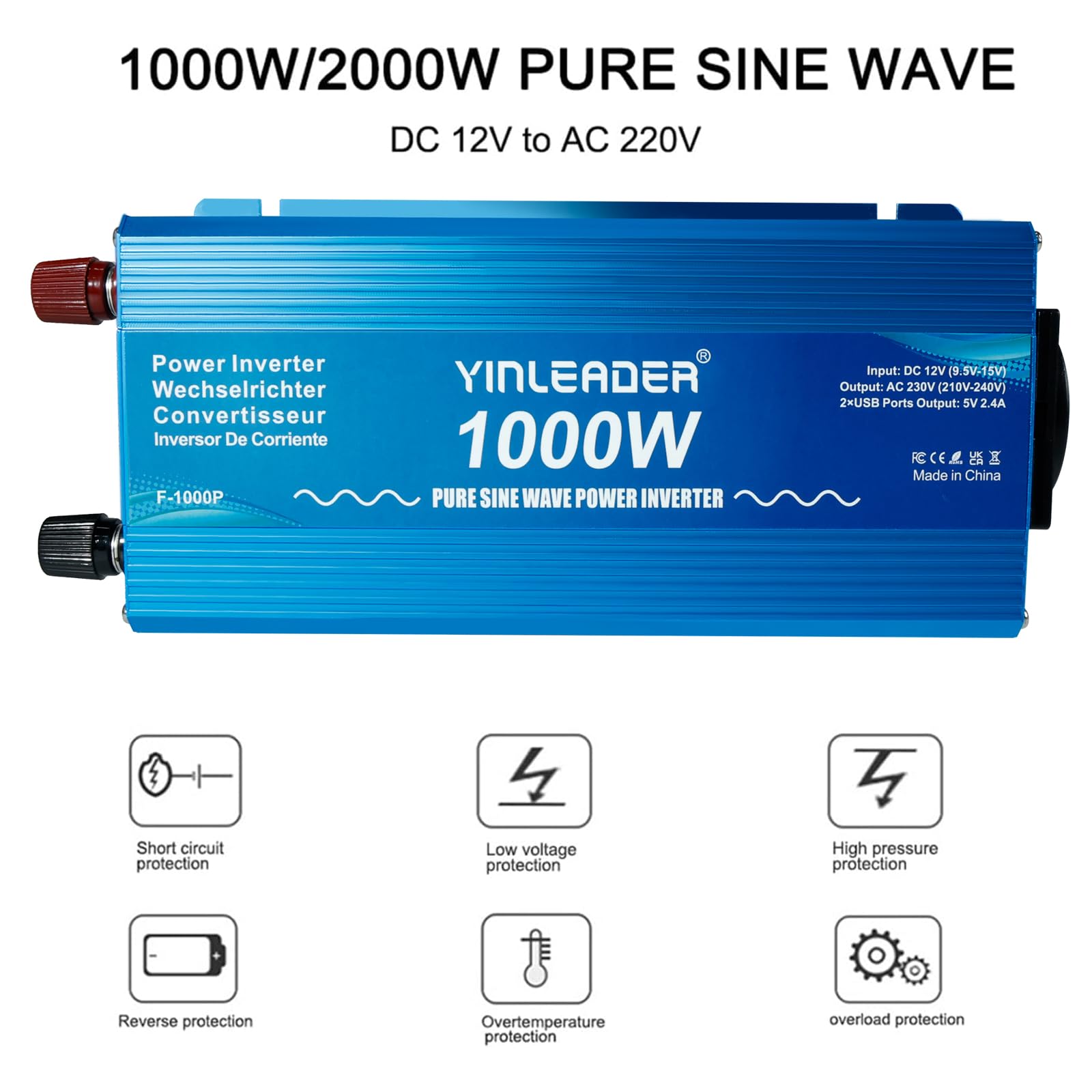 Yinleader Inversor De Corriente Onda Sinusoidal Pura 1000W Transformador De 12v A 230v, 1 Toma EU Enchufe 2 USB, para Coche Caravana Barco cámping de Viaje /2000W Potencia de sobretensión