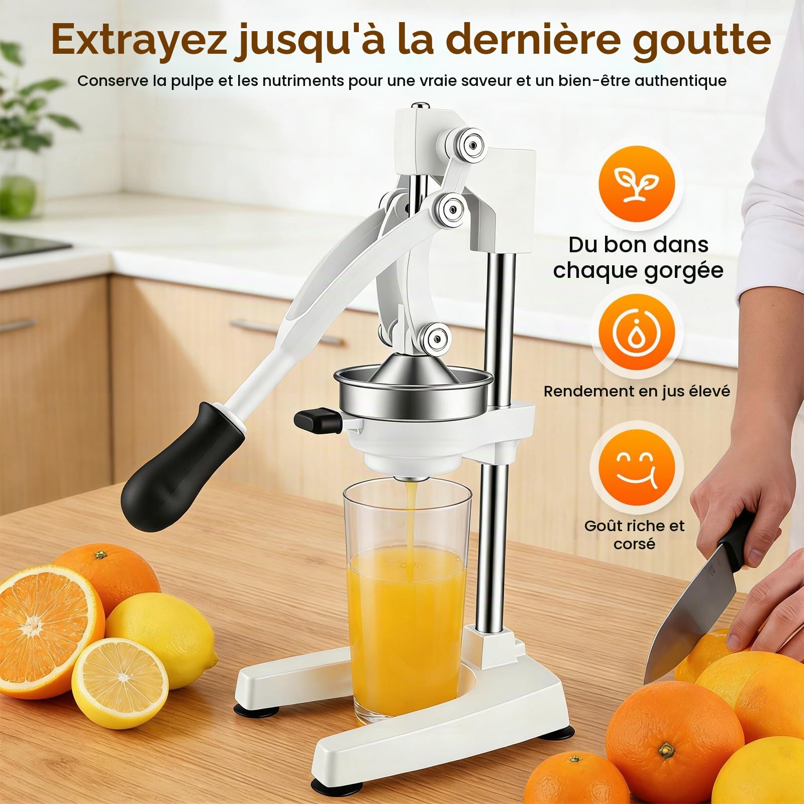 Presse Agrumes Manuel avec Tête Pointue & Plate, Acier Inoxydable Presse Orange avec Tasse Mesure 500ml, Presses Fruit avec Base U Stable, Haute Extraction de Jus, pour Citron, Orange, Pamplemousse
