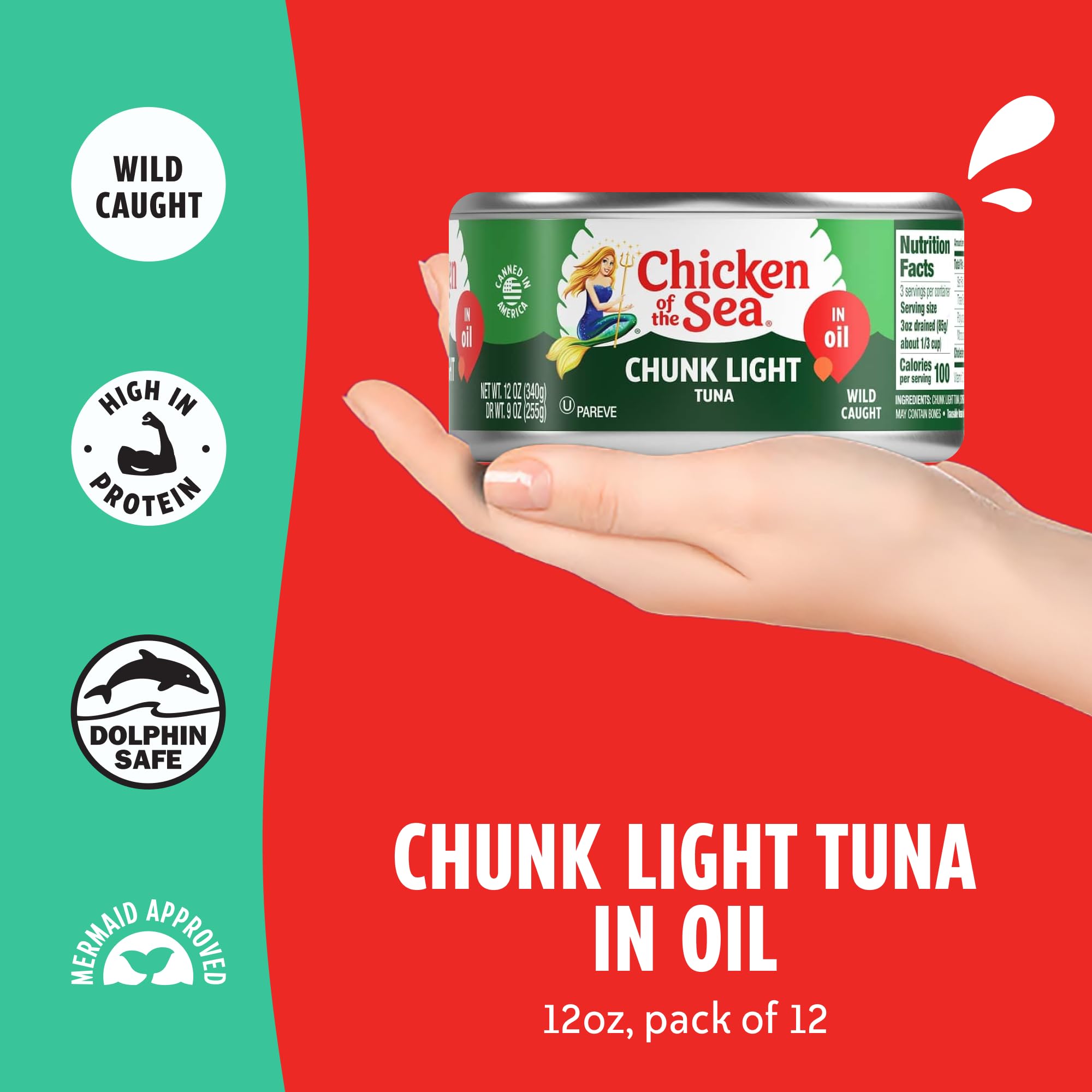 Chicken of the Sea Wild Caught Chunk Light Tuna, 12 Ounce Cans, 12-Count – High Protein 100% Classic Chunk Tuna in Oil – Delicious, Easy, Nutritious Ready to Eat Meals