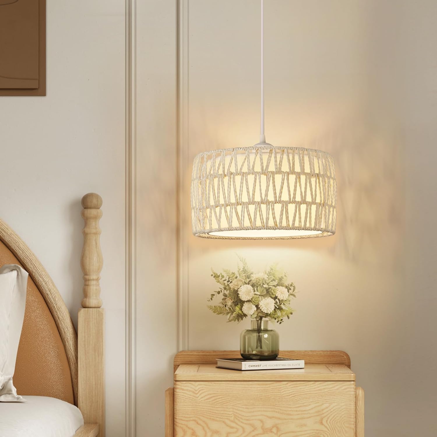 Plug in Pendant Light, Rattan Hanging Lights with Plug in Cord, Woven & Fabric 2 in 1 LampShade, Hanging Lamp Plug in for Bedroom Living Room Kitchen Island-Cream (Bulb Included)