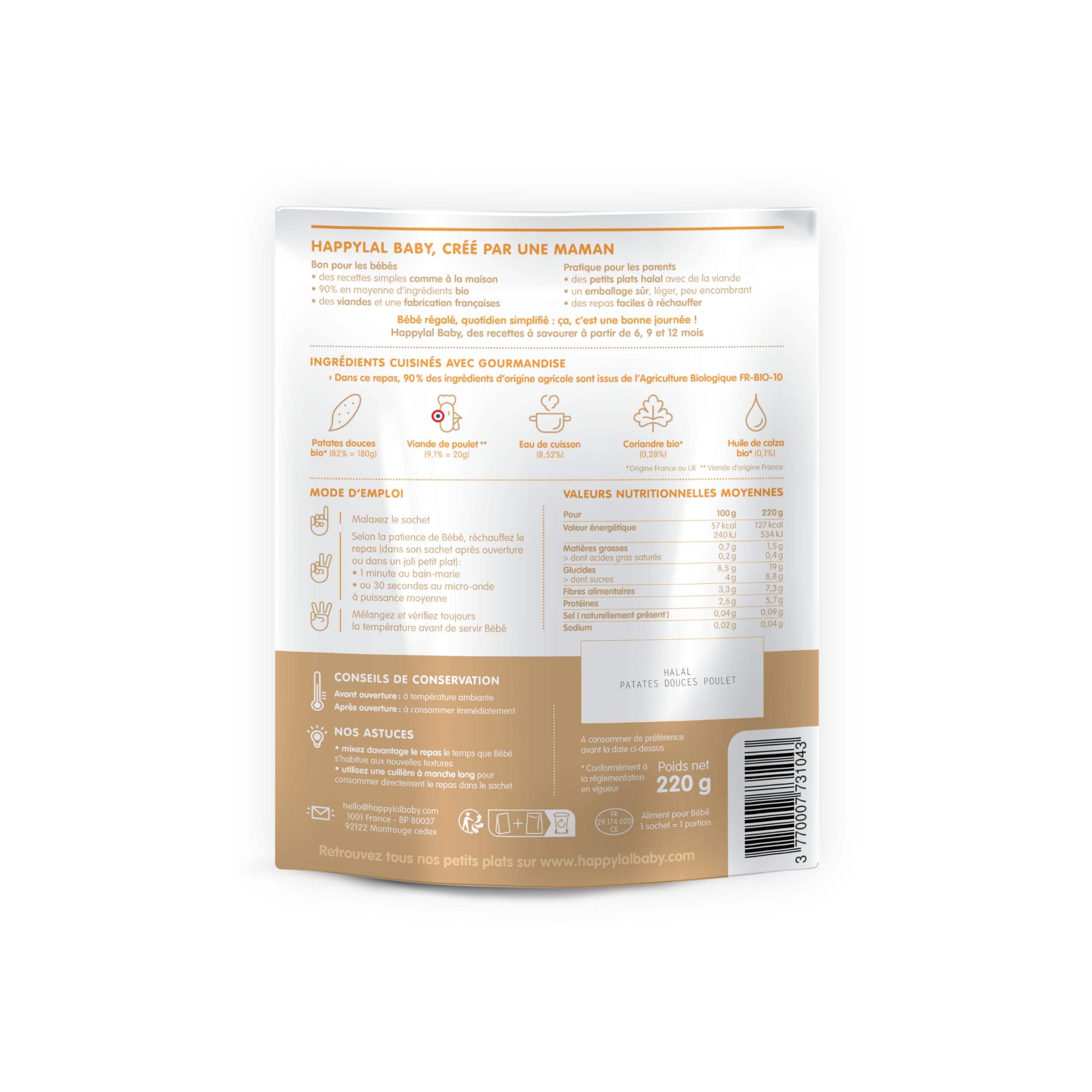 Happylal Baby Repas Halal Bébé 12 mois | Mouliné de Patates Douces, Poulet | Petits pots Certifiés Halal | Diversification alimentaire bébé | Fabriqué en France | Lot 10 x 220g