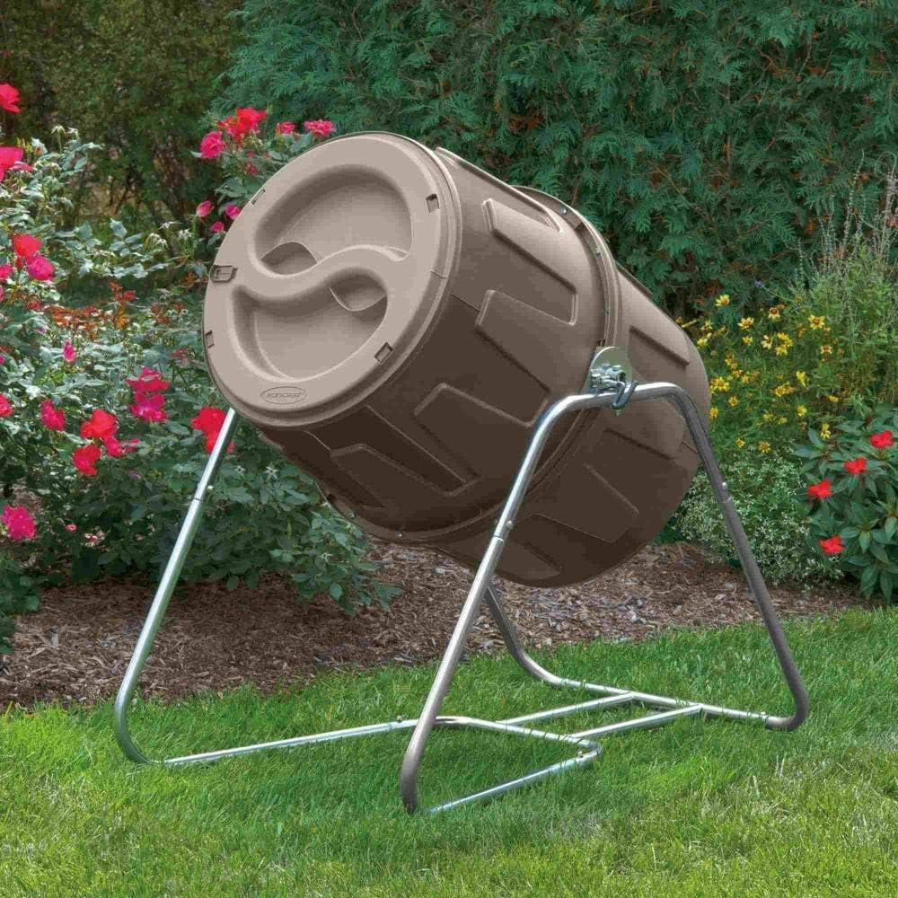 Suncast Resin Tumbling Outdoor Compost Barrel - 6.5 Cubic' Composter with Latching Dual Lids and Galvanized Steel Frame - Gray