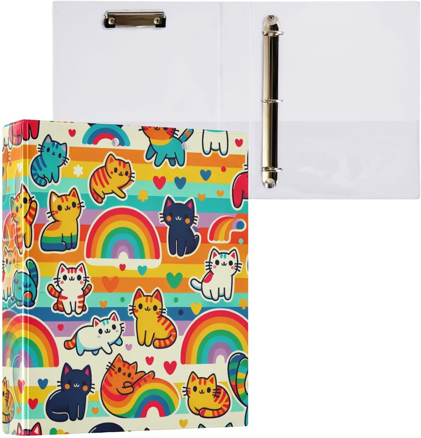 Cute Rainbow Cats 3 Ring Binder, 1.5 Inch Round Rings to Hold 200 Sheets, Heavy Duty 3 Ring Binder with Clipboard for Home Office Supplies