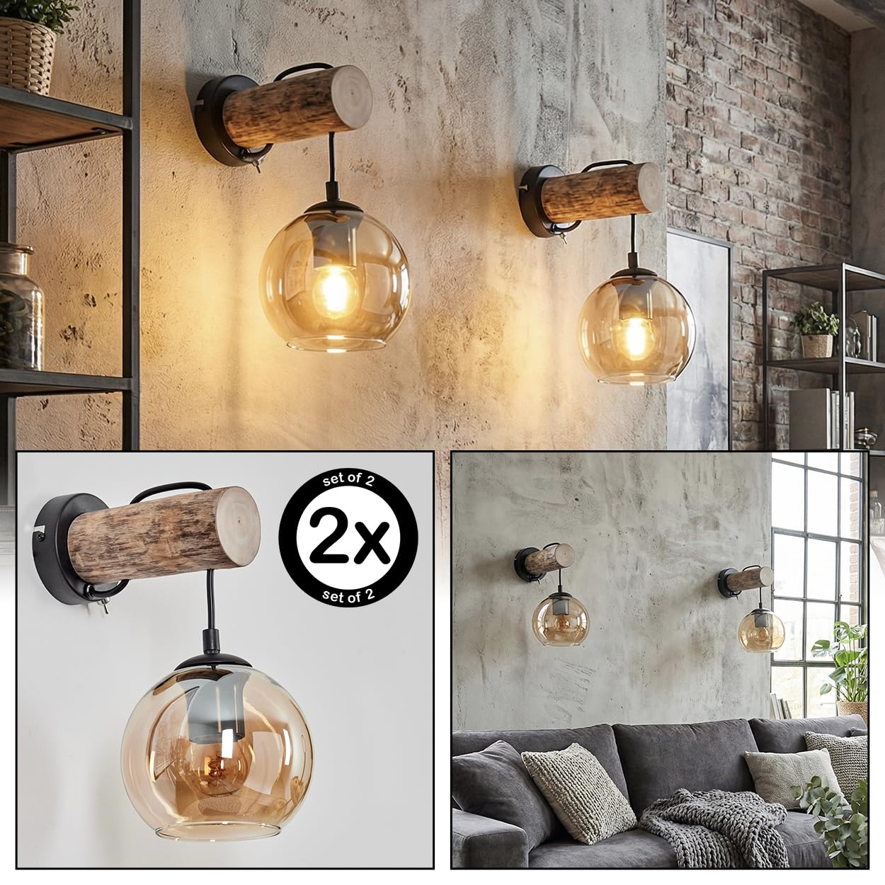 HOFSTEIN Wandleuchte Koyoto 2er Set, Wandlampe aus Metall/Holz/Glas in Schwarz/Natur/Bernstein, Leuchte im Retro/Vintage-Design (Ø 15 cm), Schalter am Gehäuse, E27, Wohnzimmer, Schlafzimmer, Flur
